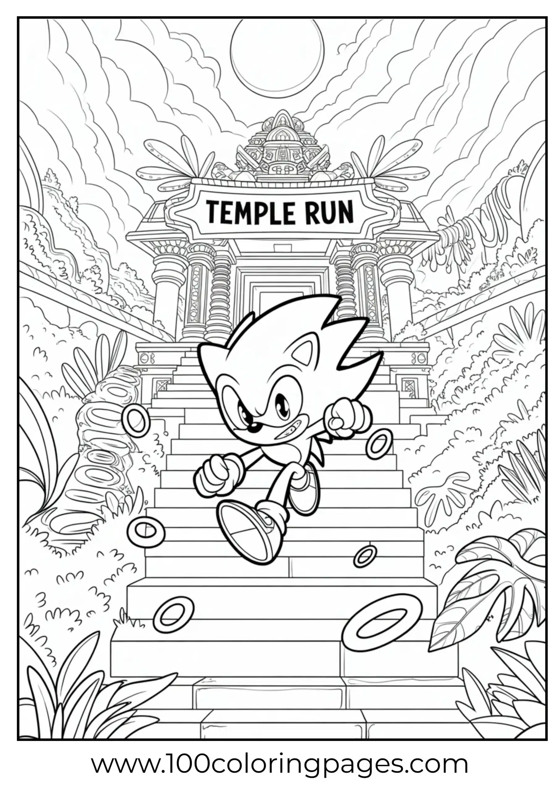 Sonic climbing temple stairs with rings coloring page