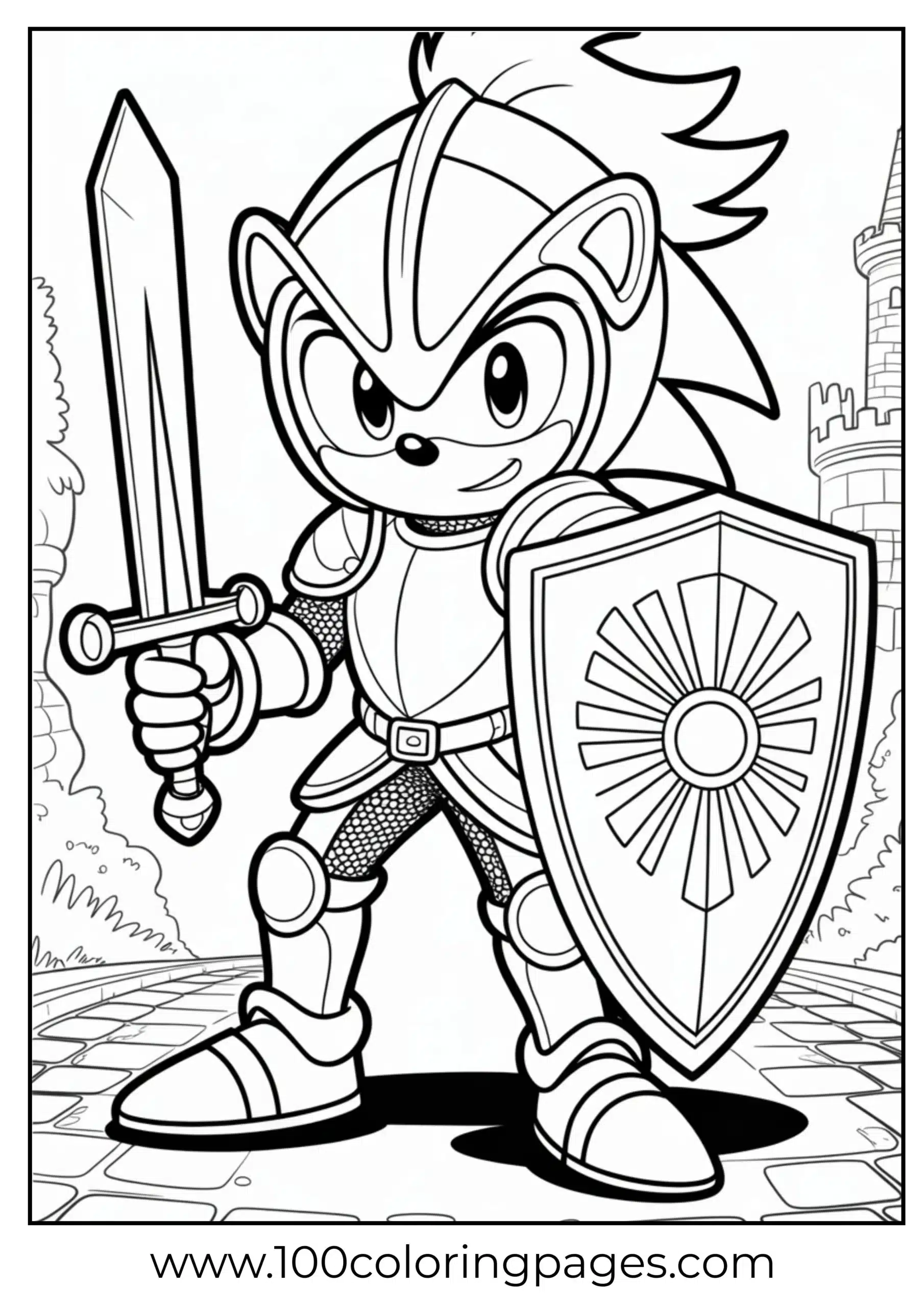 Sonic in armor holding sword coloring page