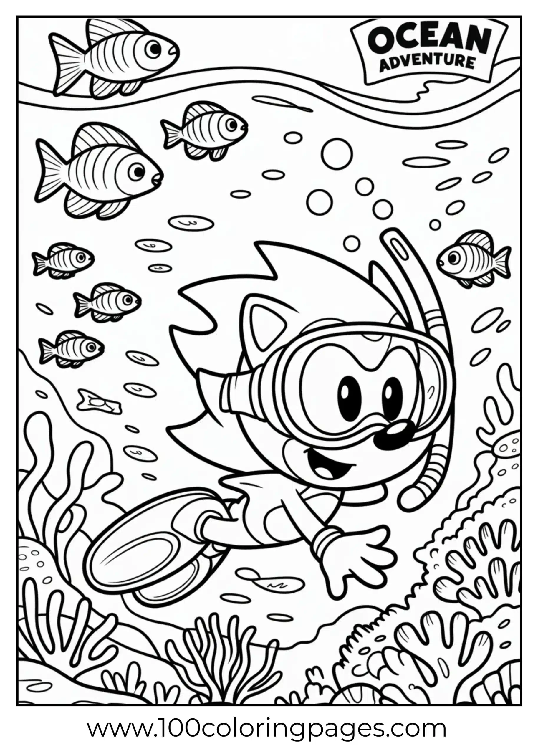Sonic underwater with fish coloring page