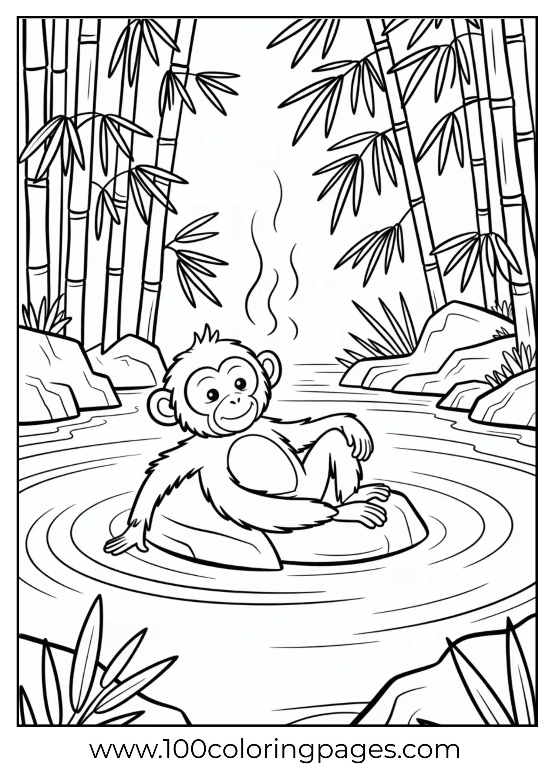 Monkey relaxing in bamboo hot spring coloring page