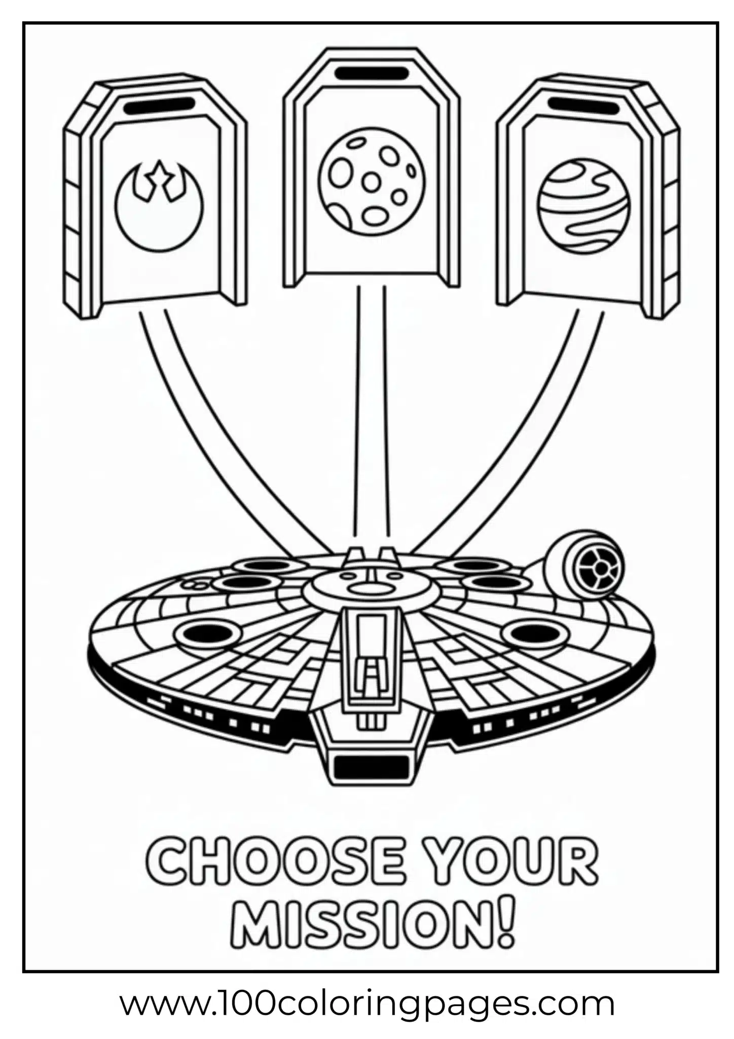 Space-themed coloring page with 'Choose Your Mission' text