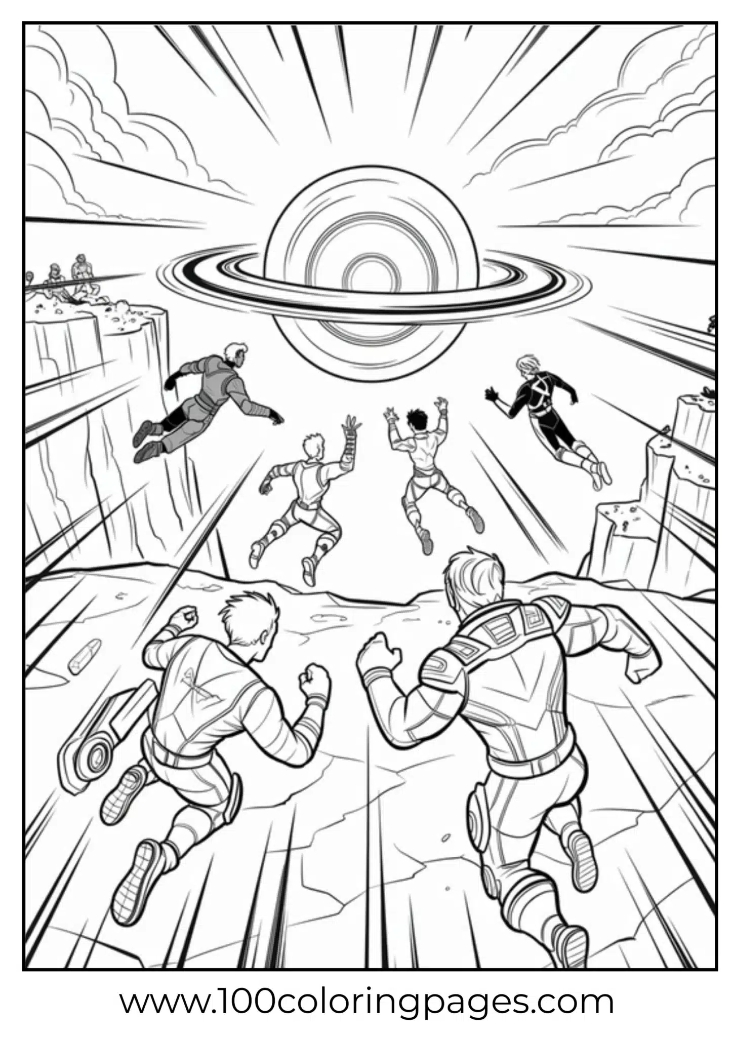 A team of astronauts being pulled towards a giant space vortex