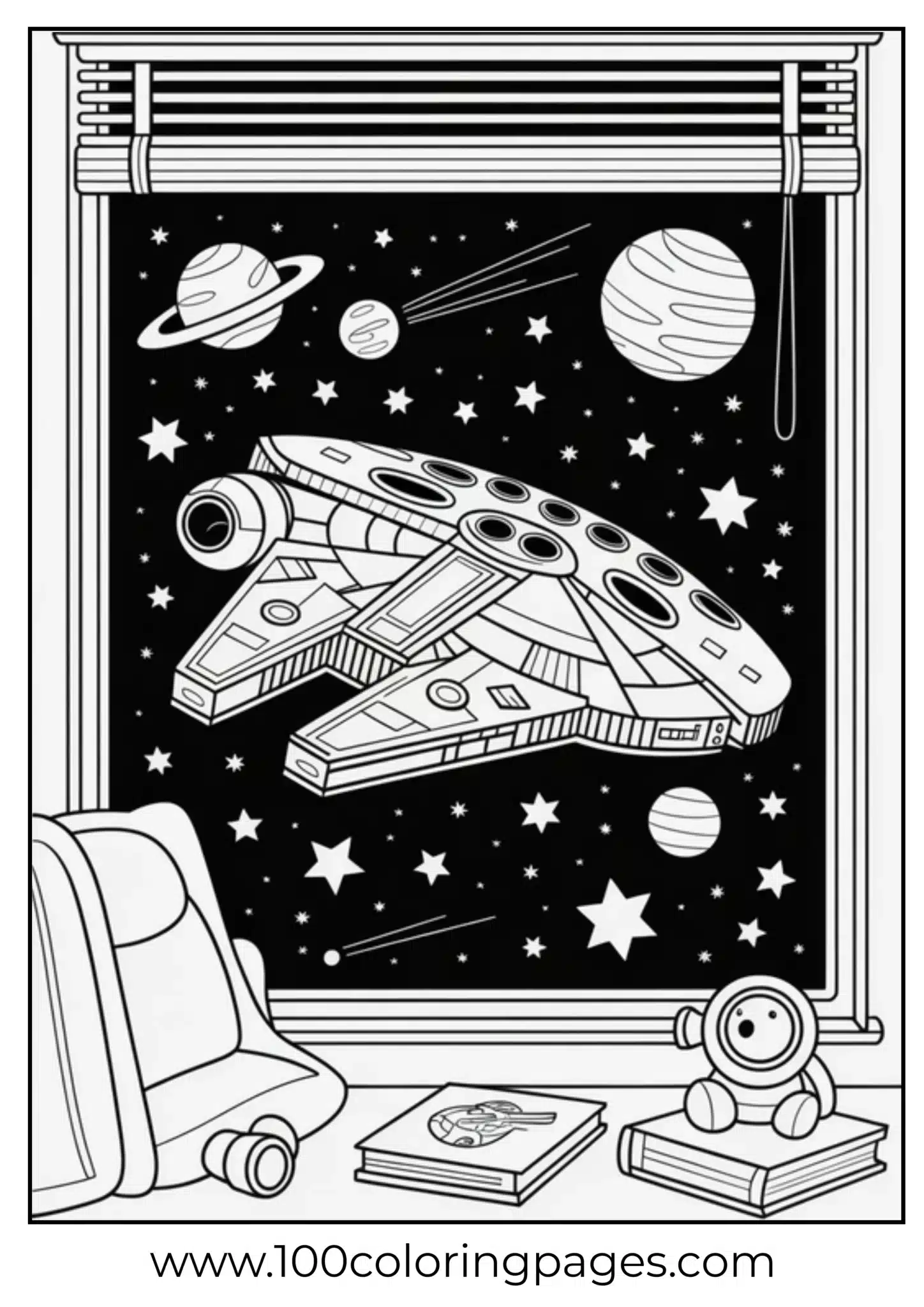 Coloring page of a spaceship viewed from a window