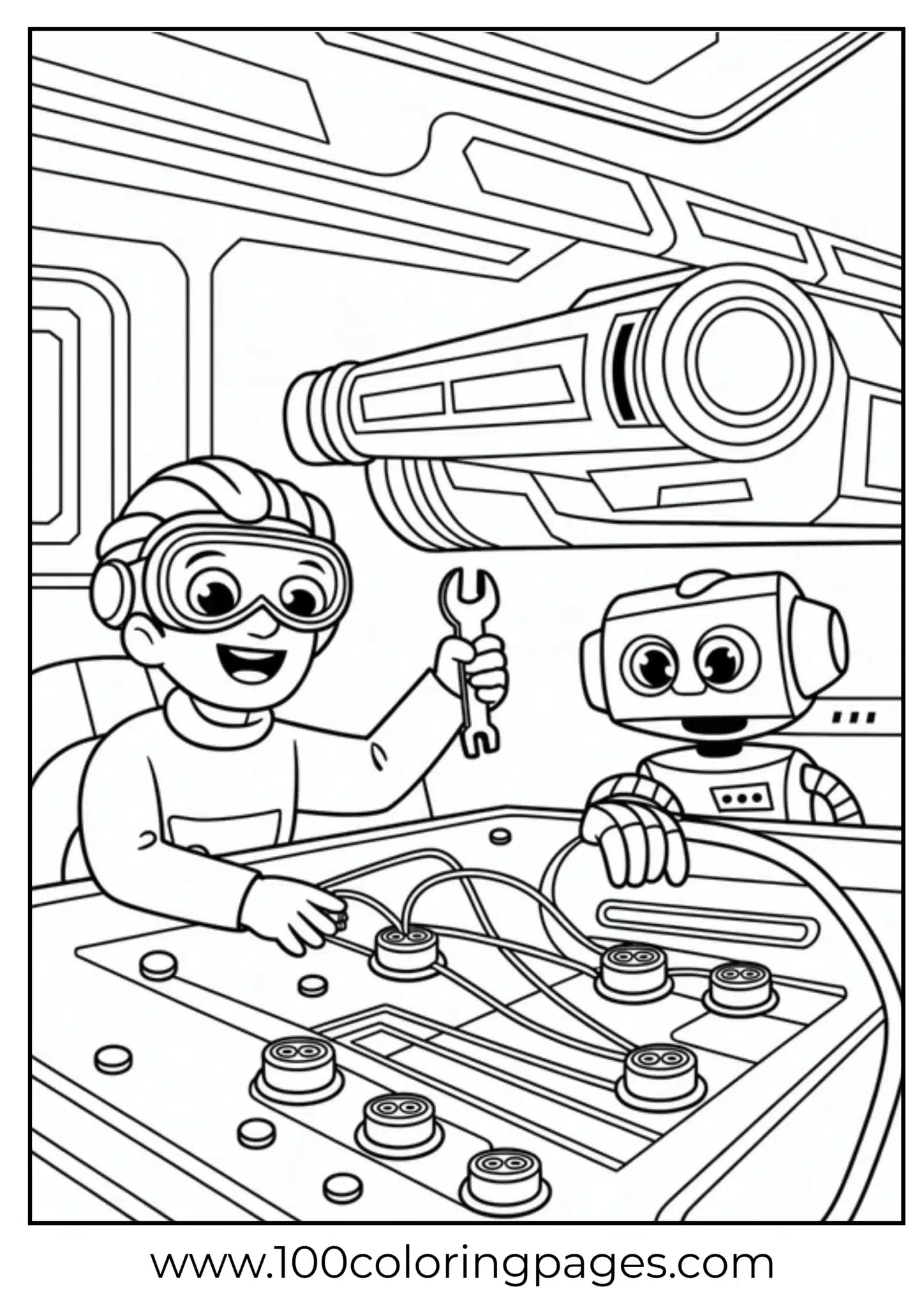 Kid wearing a headset and repairing with robot in spacecraft