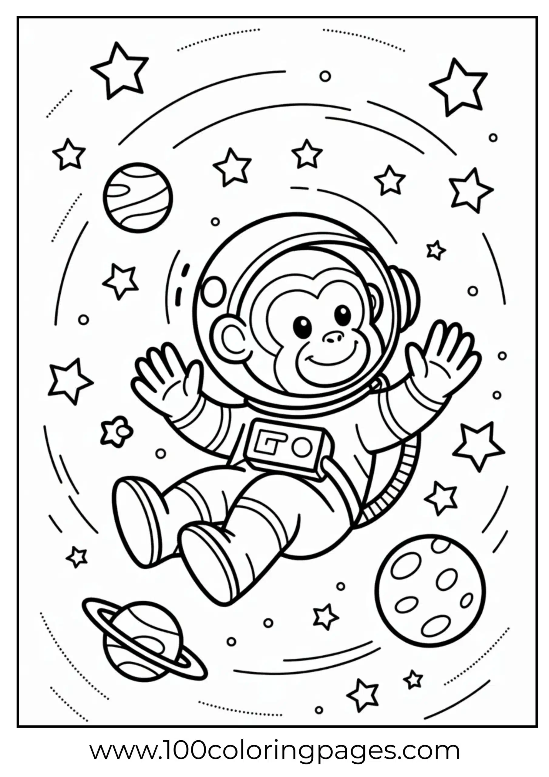 Monkey astronaut floating in space coloring page