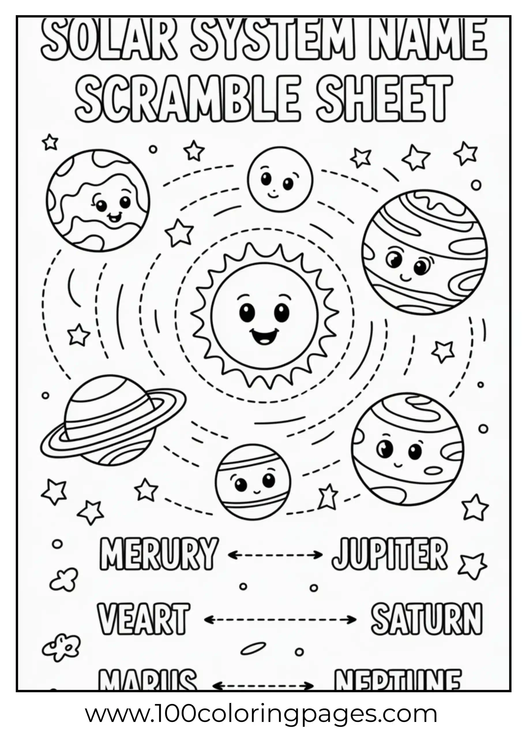 Space word scramble coloring page
