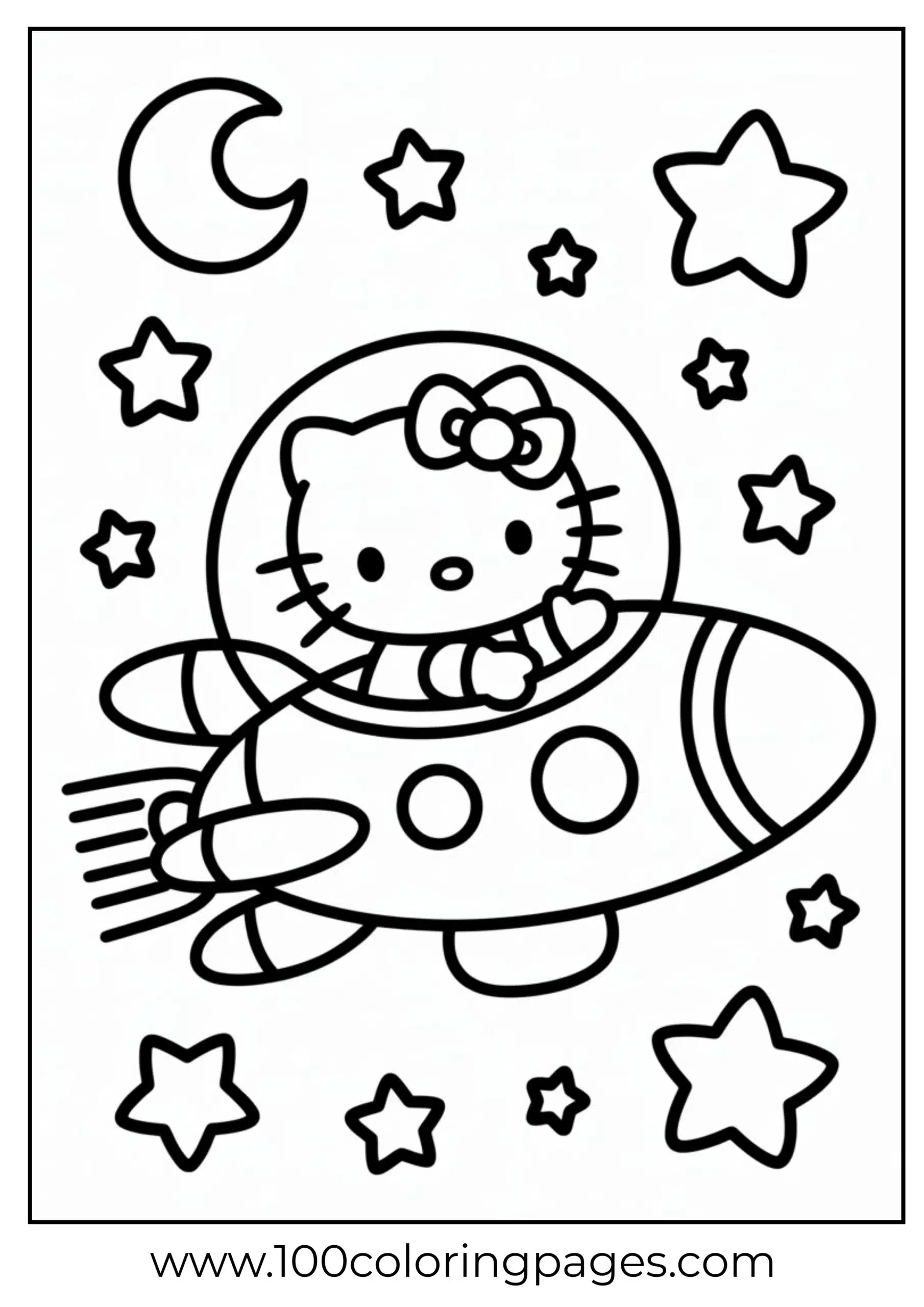 Hello Kitty flying spaceship coloring page