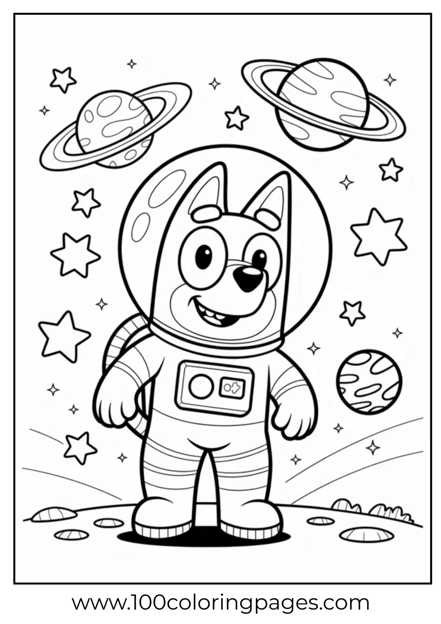 Cartoon puppy in a space suit surrounded by planets and stars