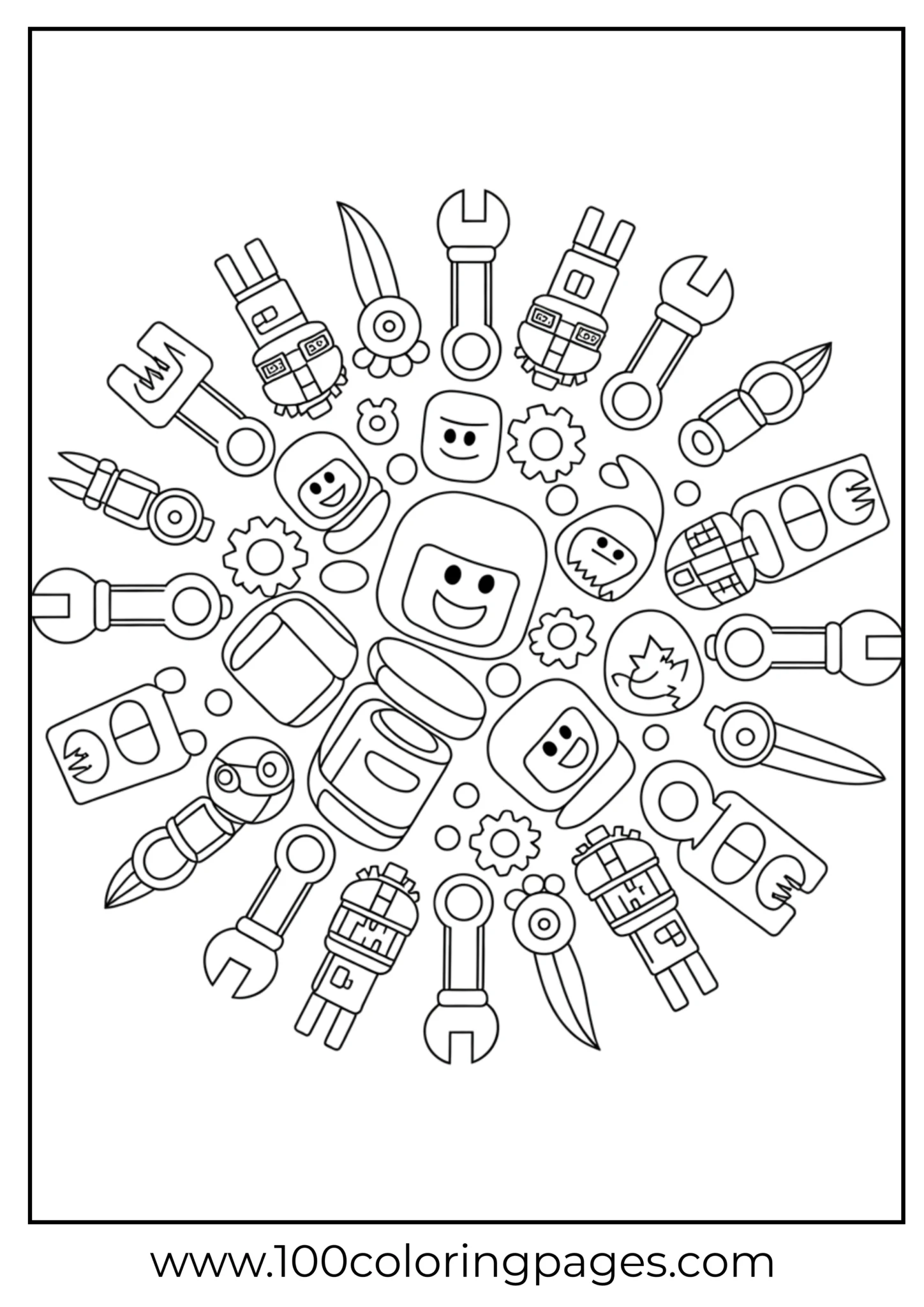 Smiling astronaut with various imaginative space tools