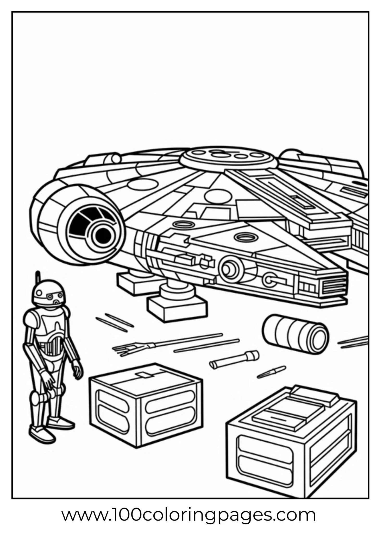 Coloring page with a spaceship and a small robot