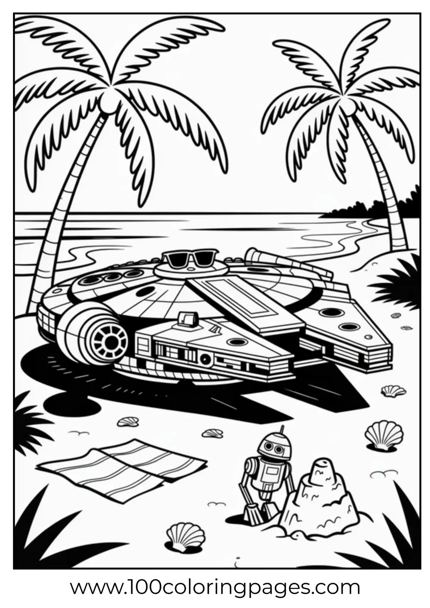 Coloring page of a spacecraft and robot by palm trees on a beach
