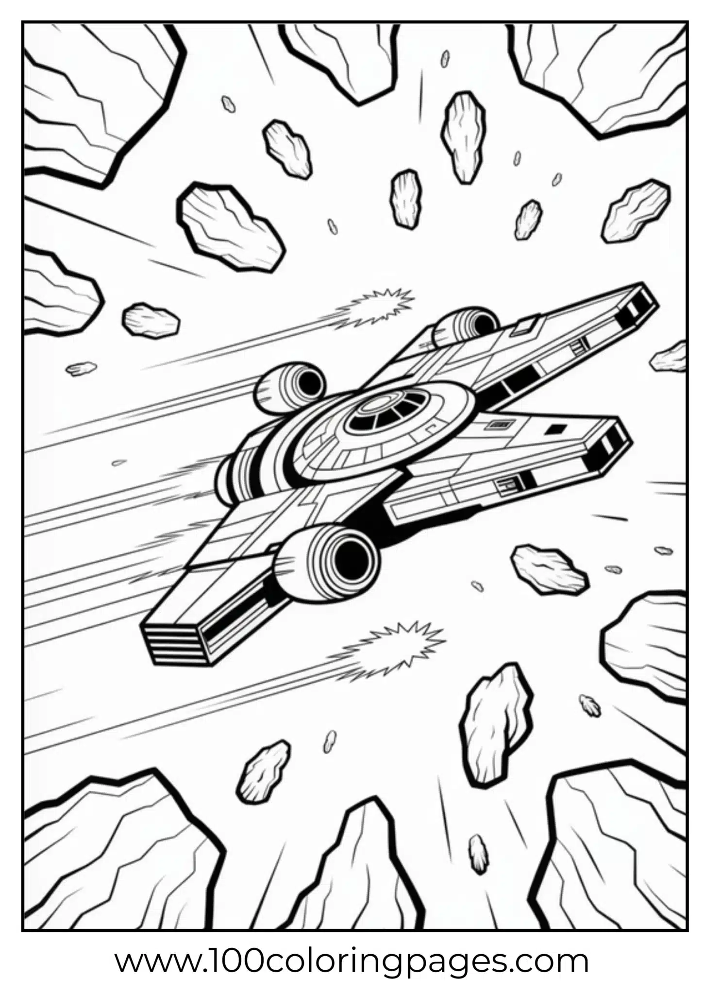 Spacecraft navigating through asteroid belt coloring page