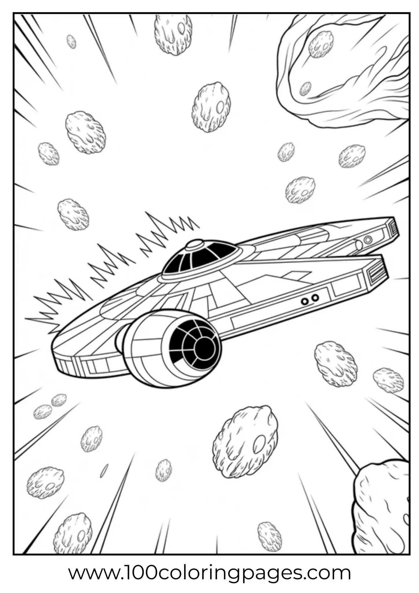 Coloring page of a spacecraft speeding past asteroids