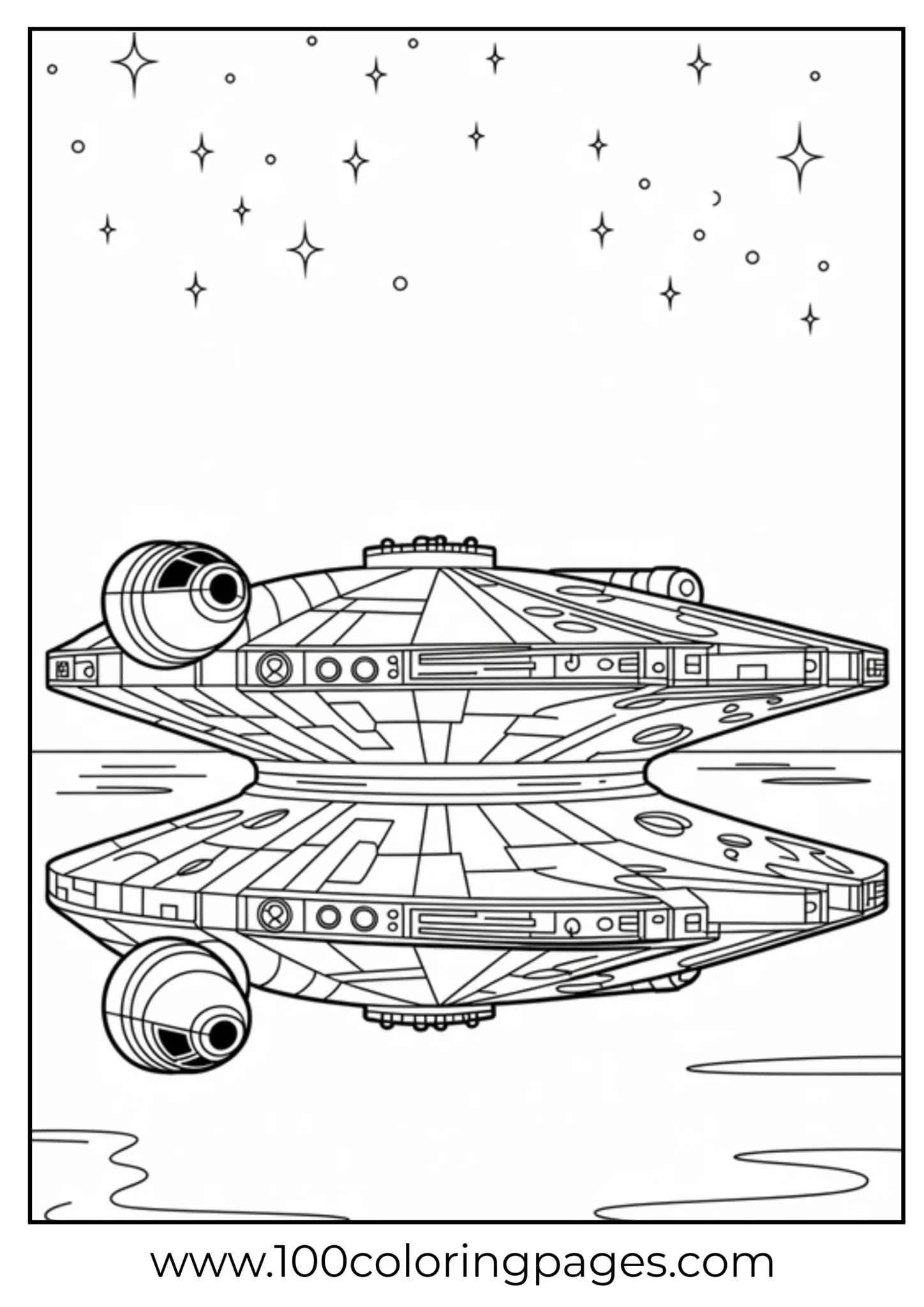 Printable spaceship with stars in the background coloring page