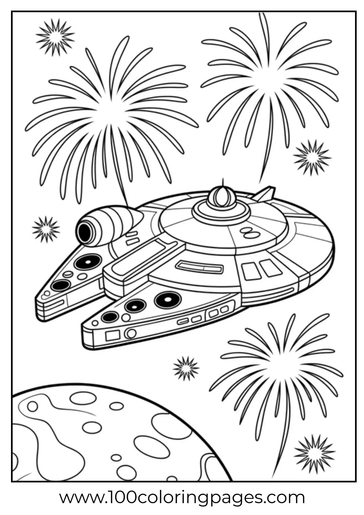 Spaceship flying near a moon with fireworks in the background