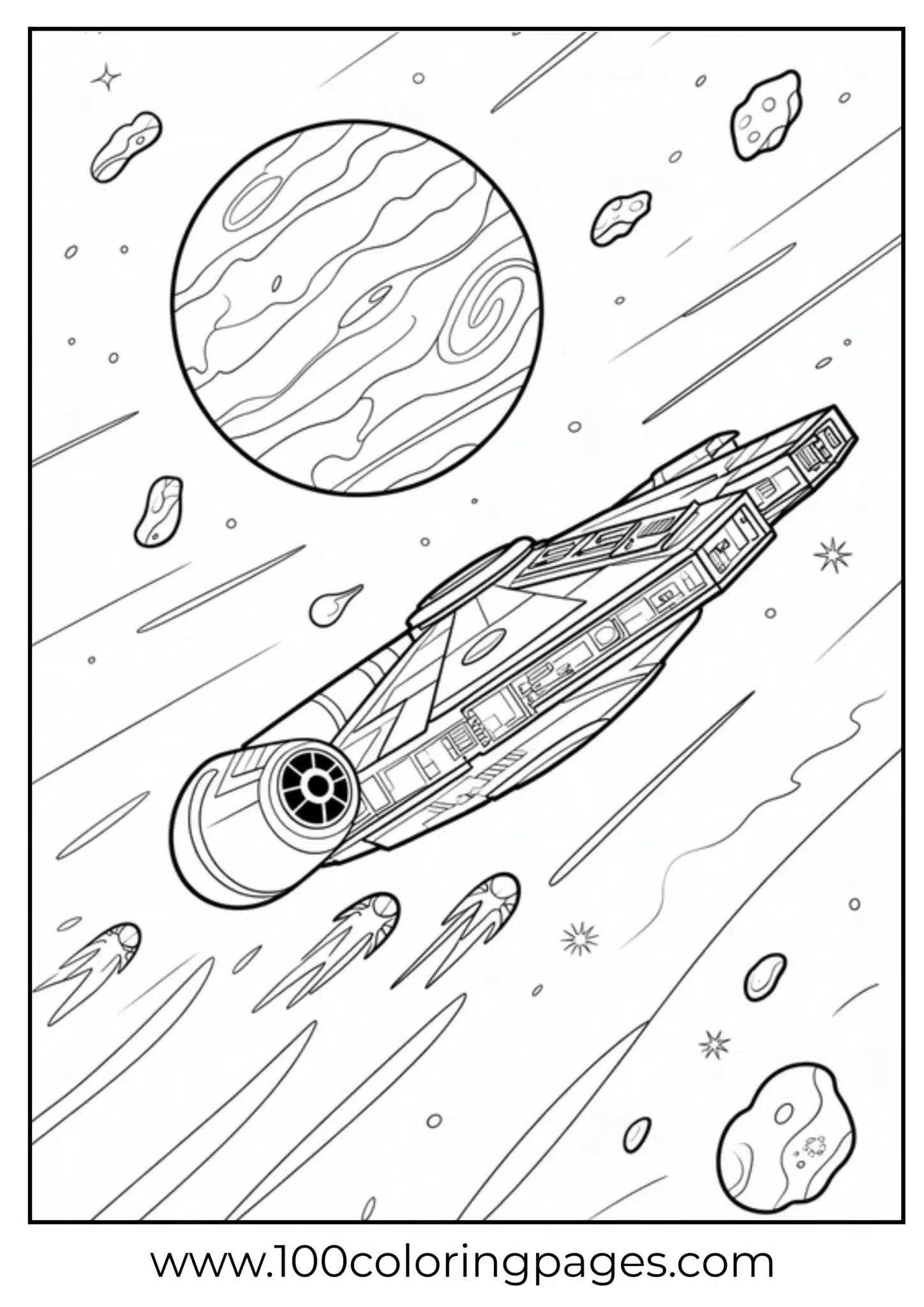 Spaceship flying by planets in a starry sky coloring page