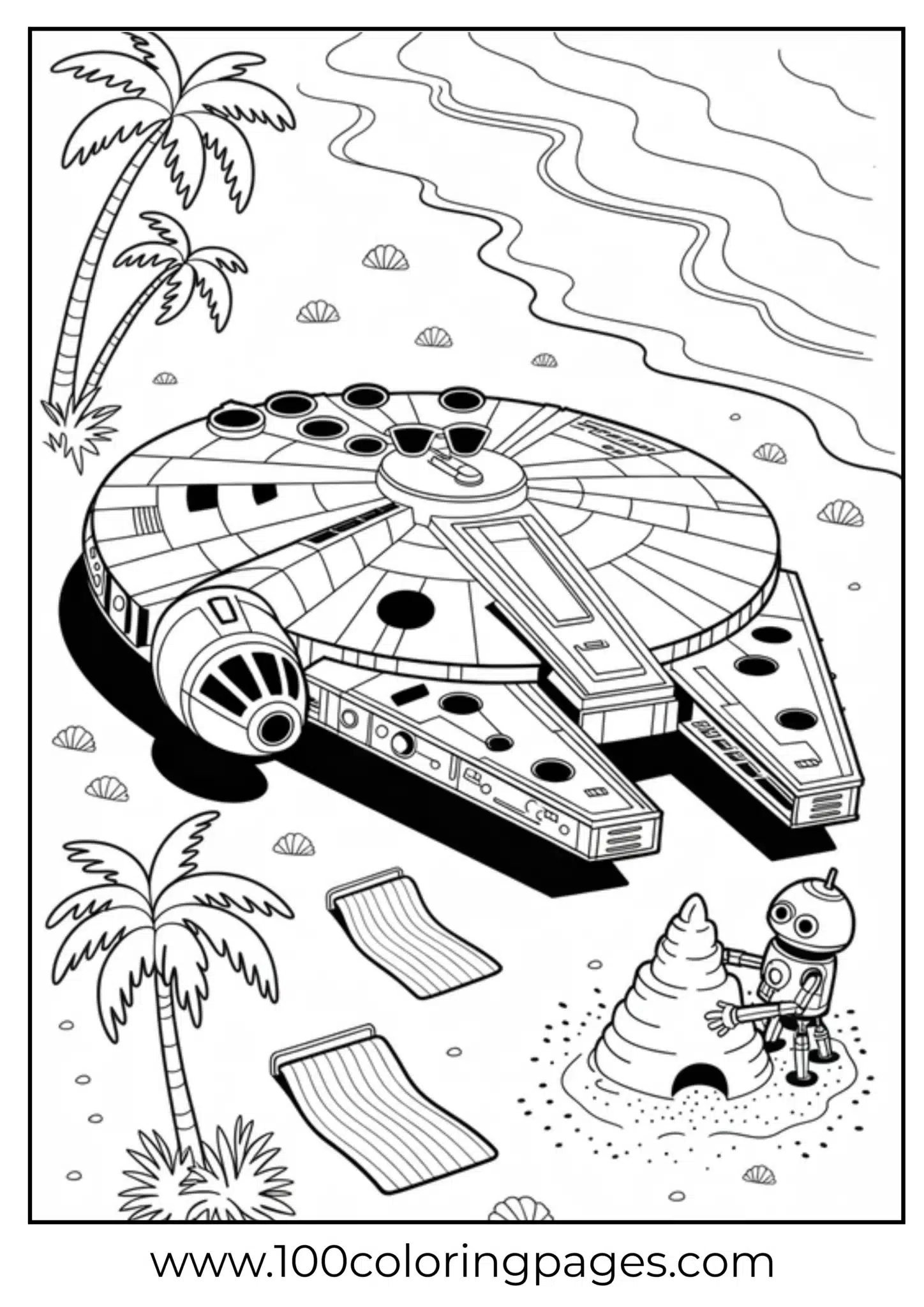 Spaceship and robot next to palm trees on a sandy beach