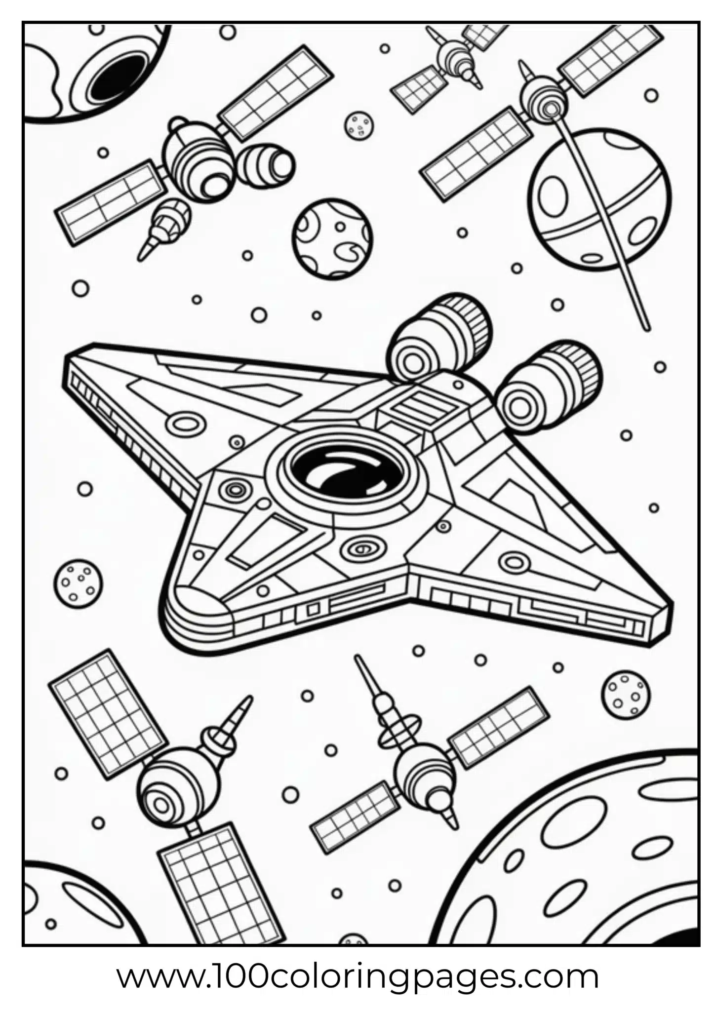 Spaceship with multiple satellites and planets coloring page