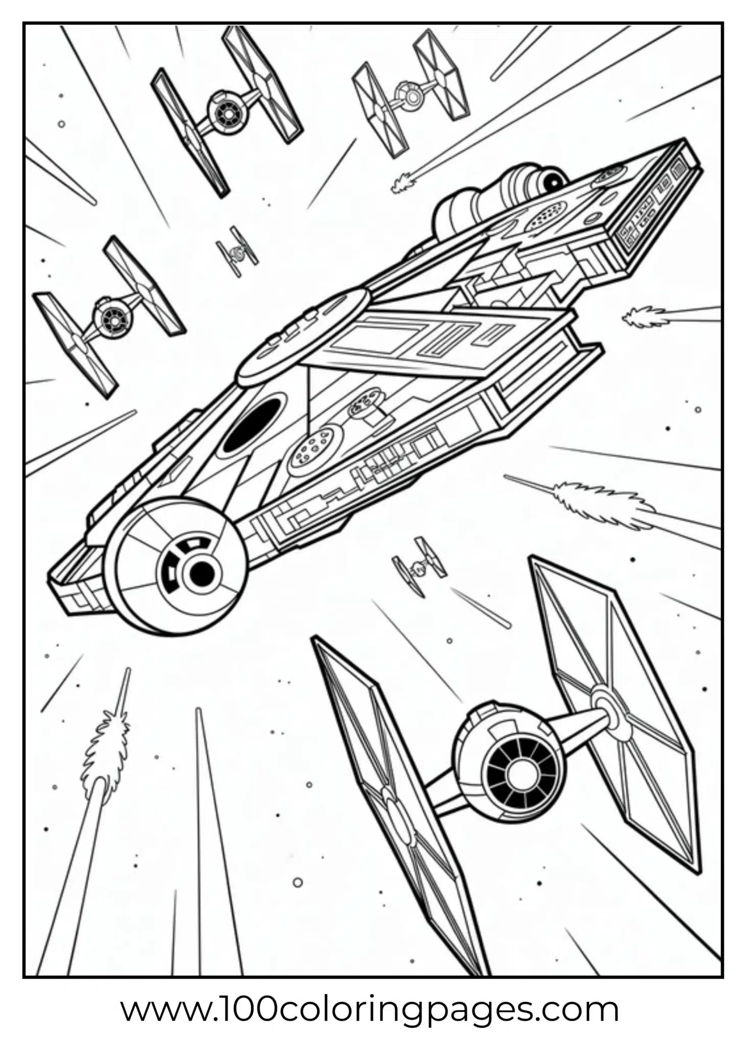 Spaceship and smaller crafts flying in space for coloring