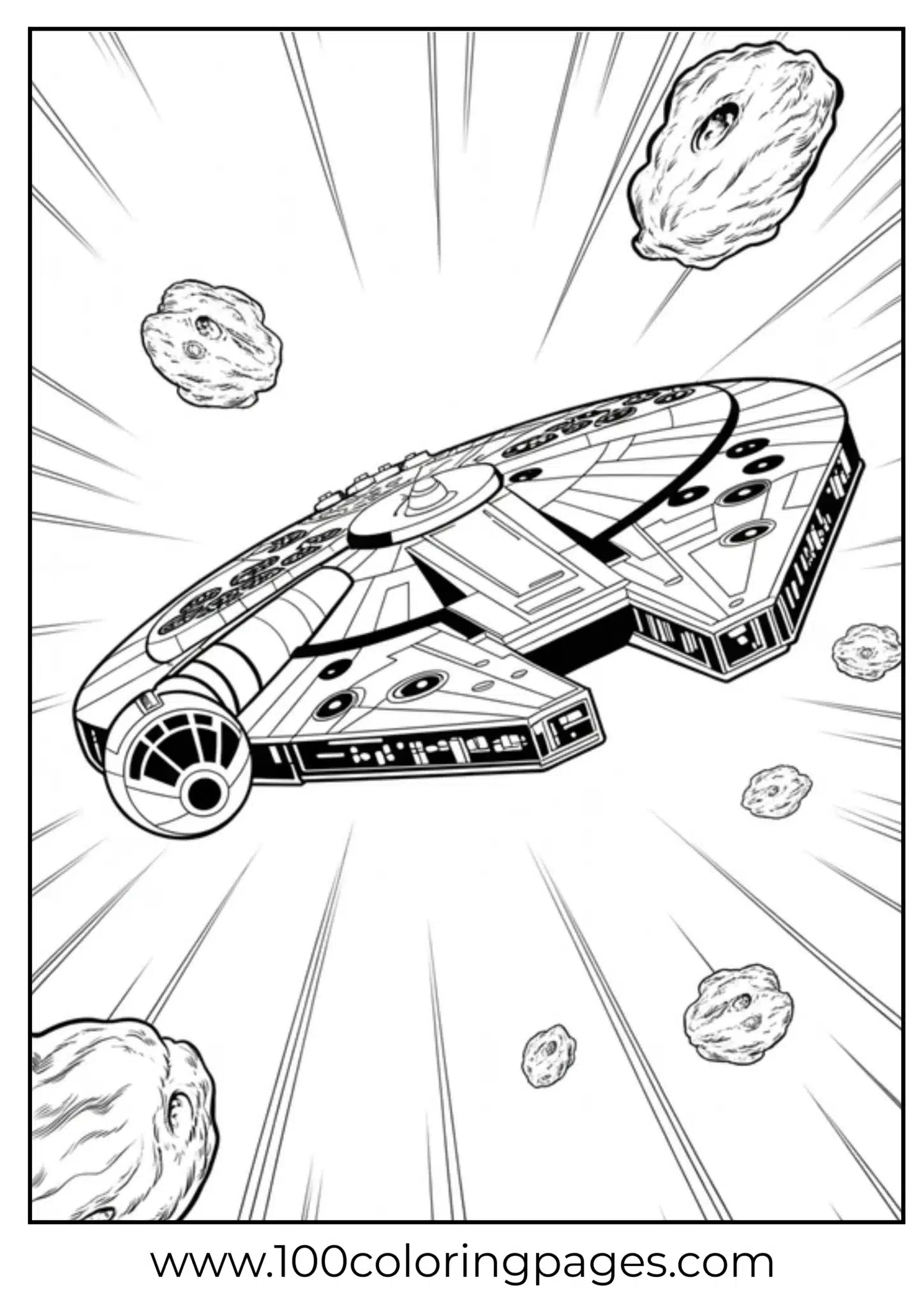 Futuristic spaceship dodging asteroids in space