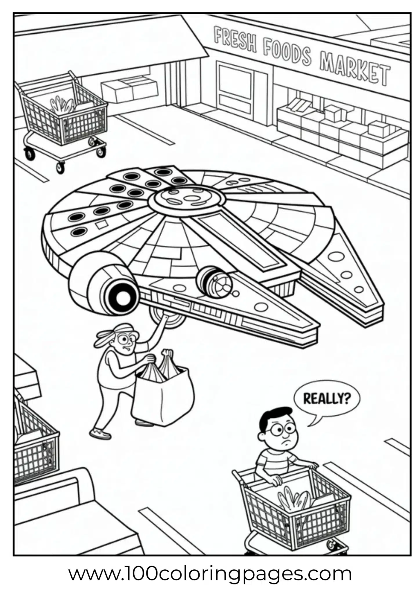 Spaceship lands in a grocery store parking lot, amusing shoppers