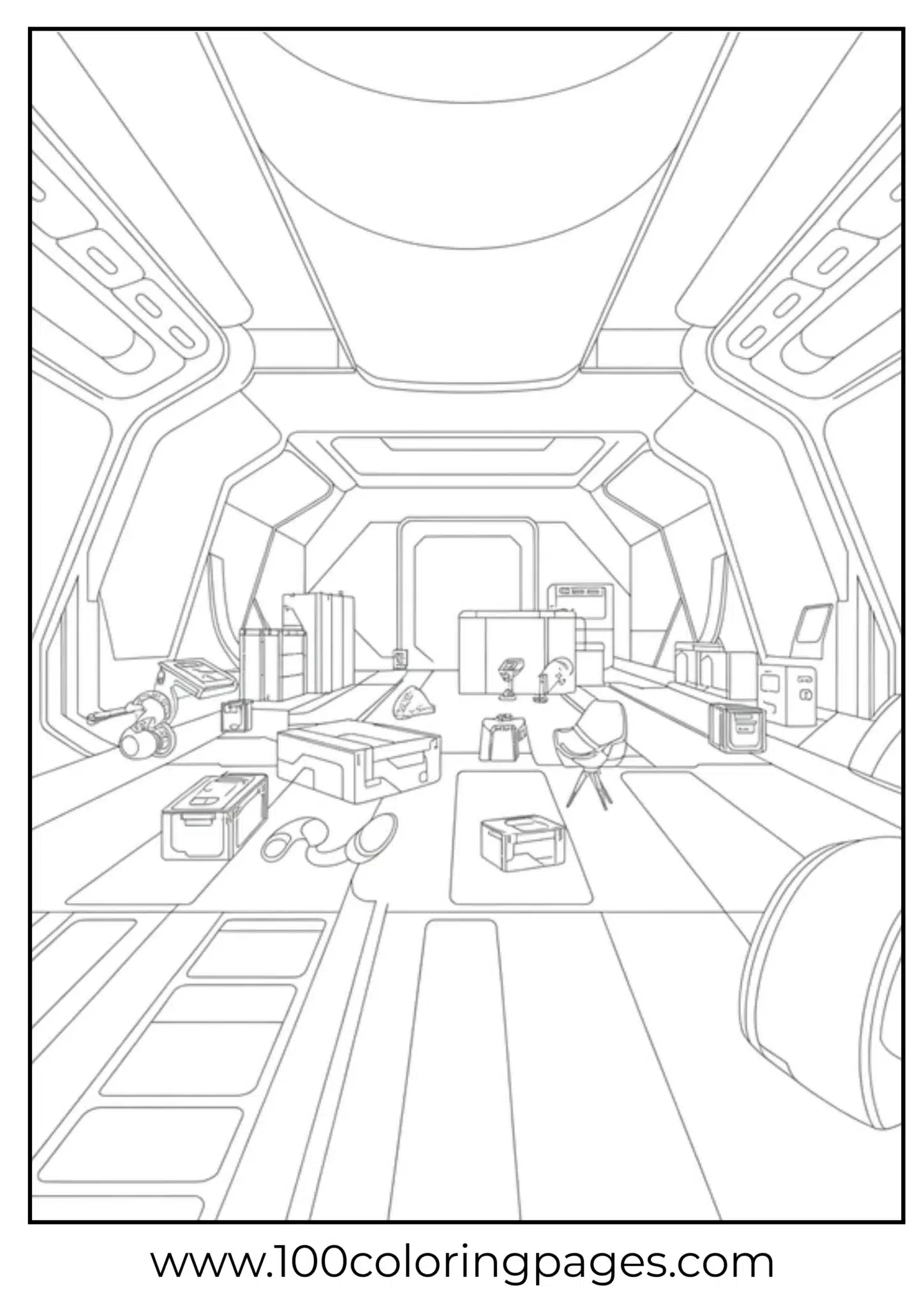Coloring page of a detailed spaceship interior