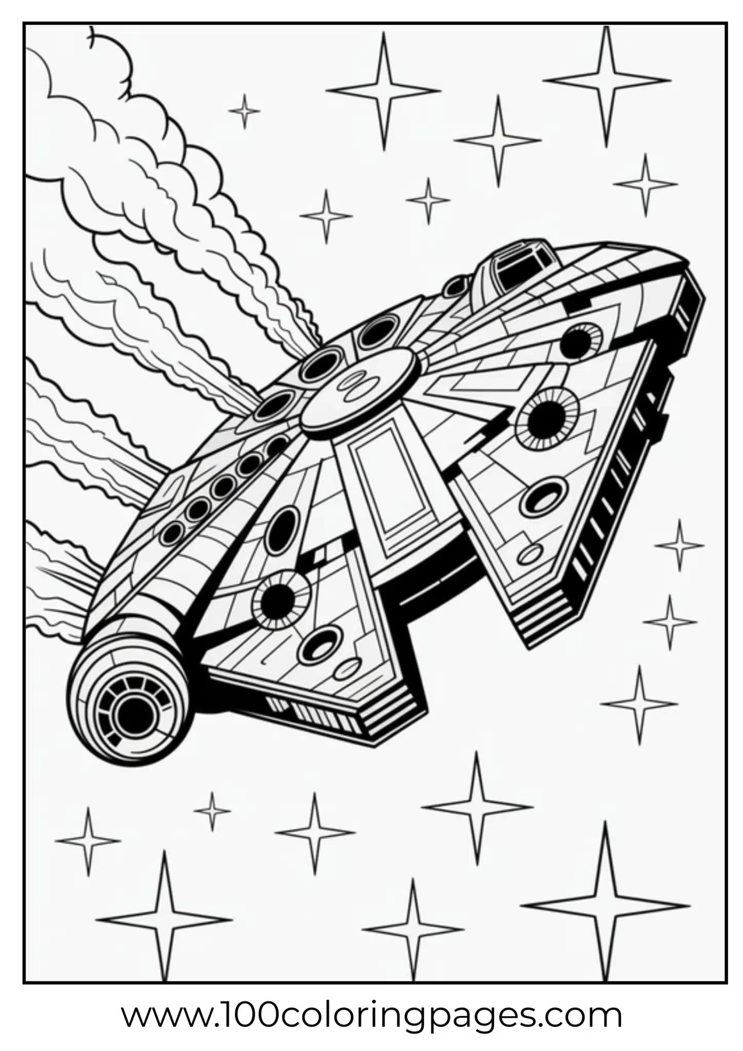 Spaceship with trailing smoke among stars coloring page