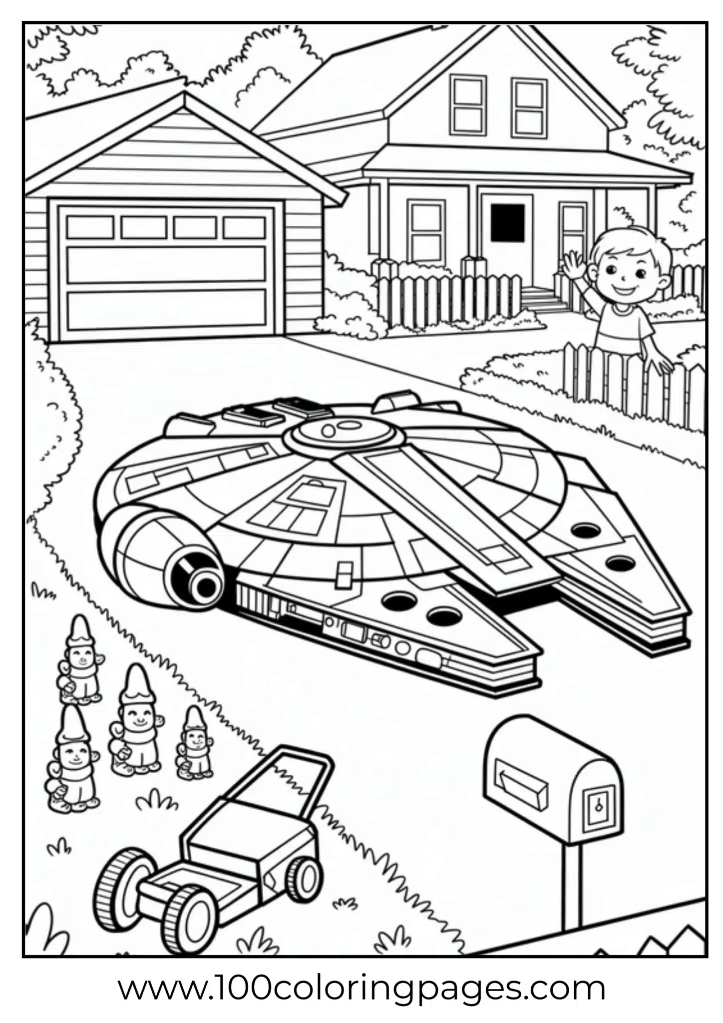 Spaceship lands near house while child waves from fence