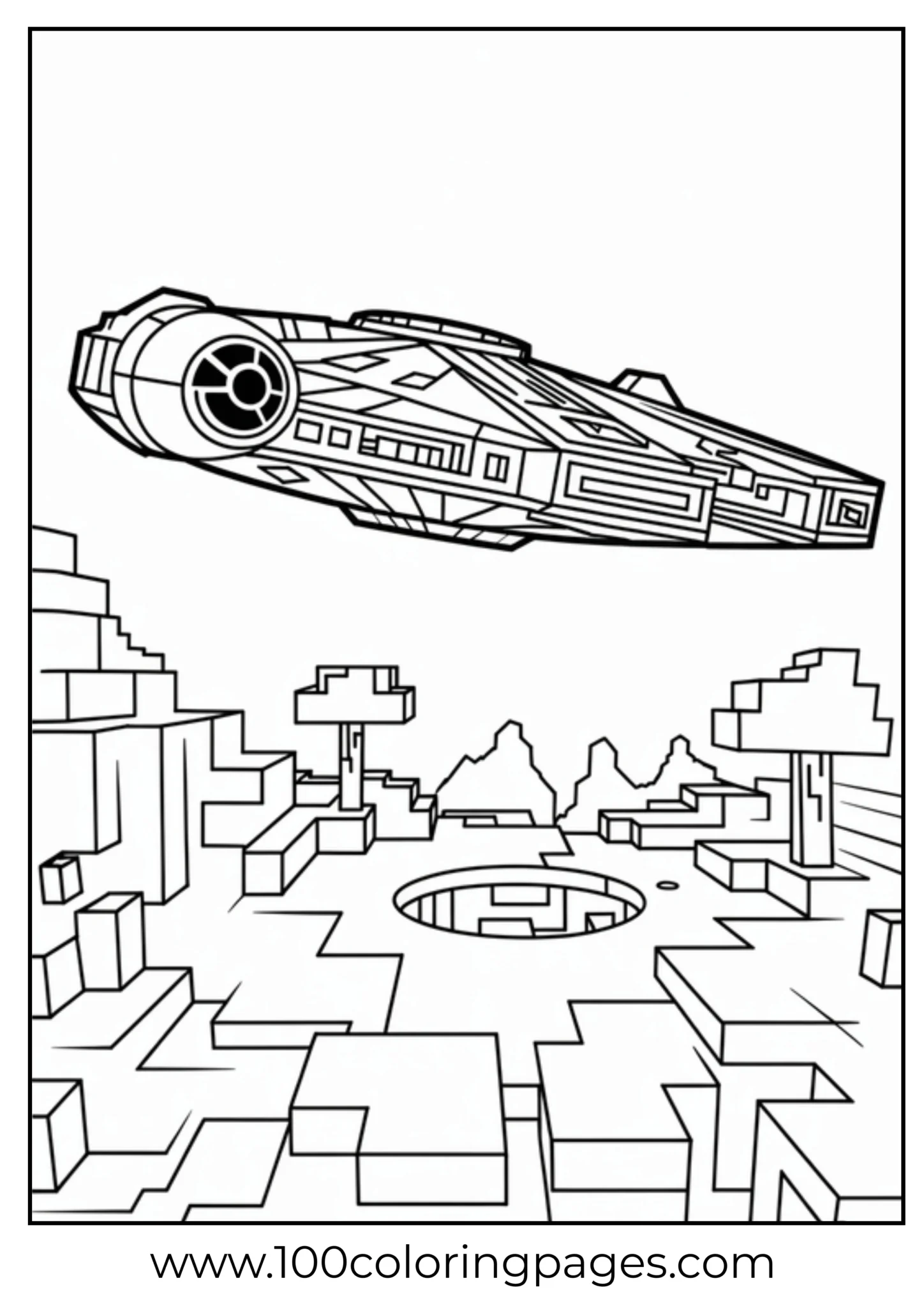 Spaceship descending onto a blocky alien landscape
