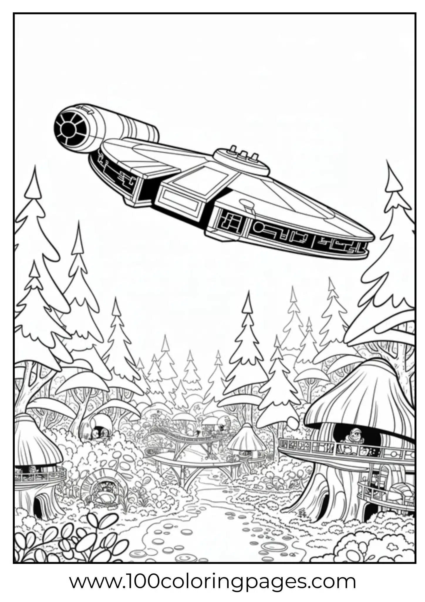 Spaceship flying over a detailed fantasy village coloring page