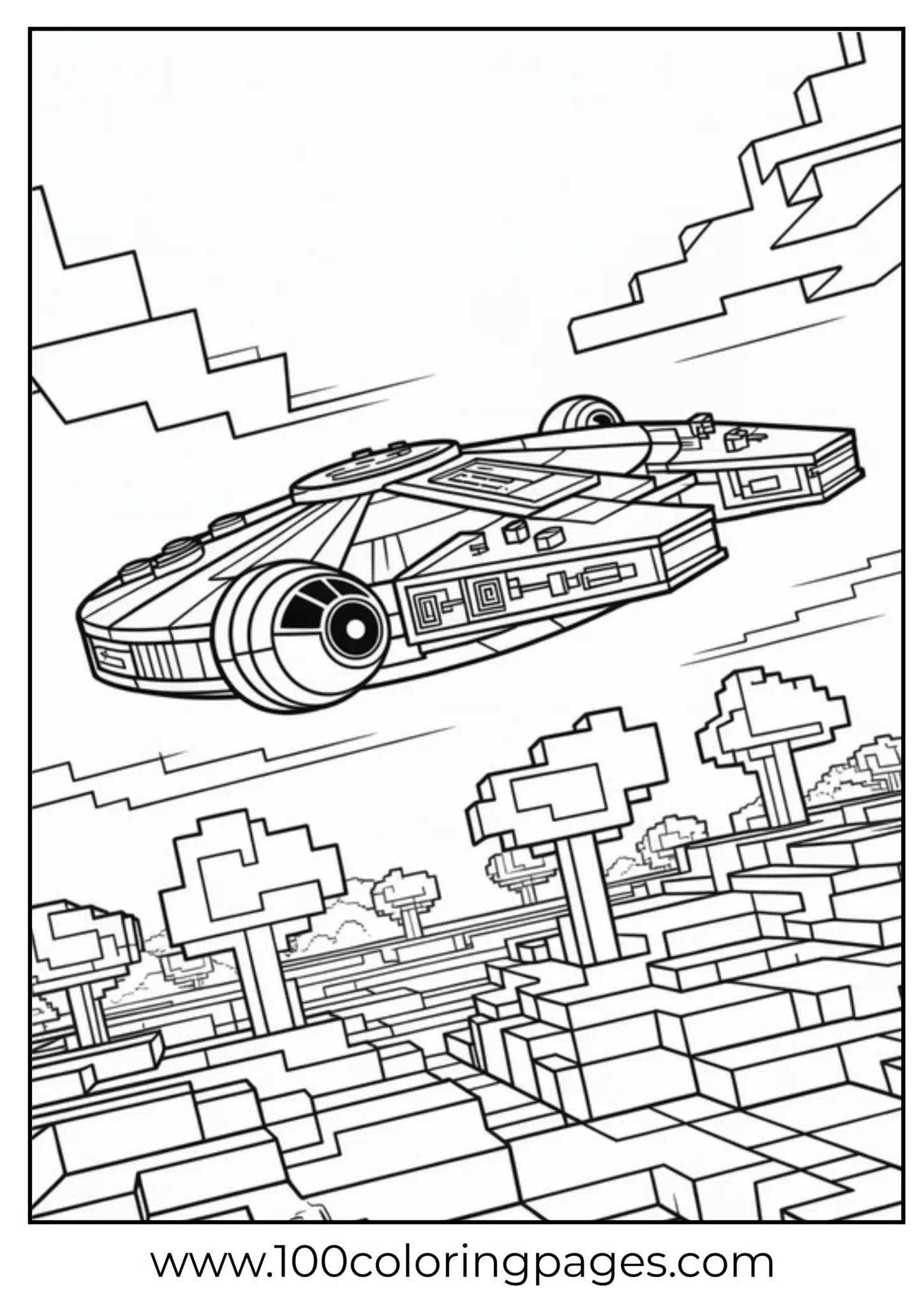 Spaceship flying over a pixelated, blocky landscape