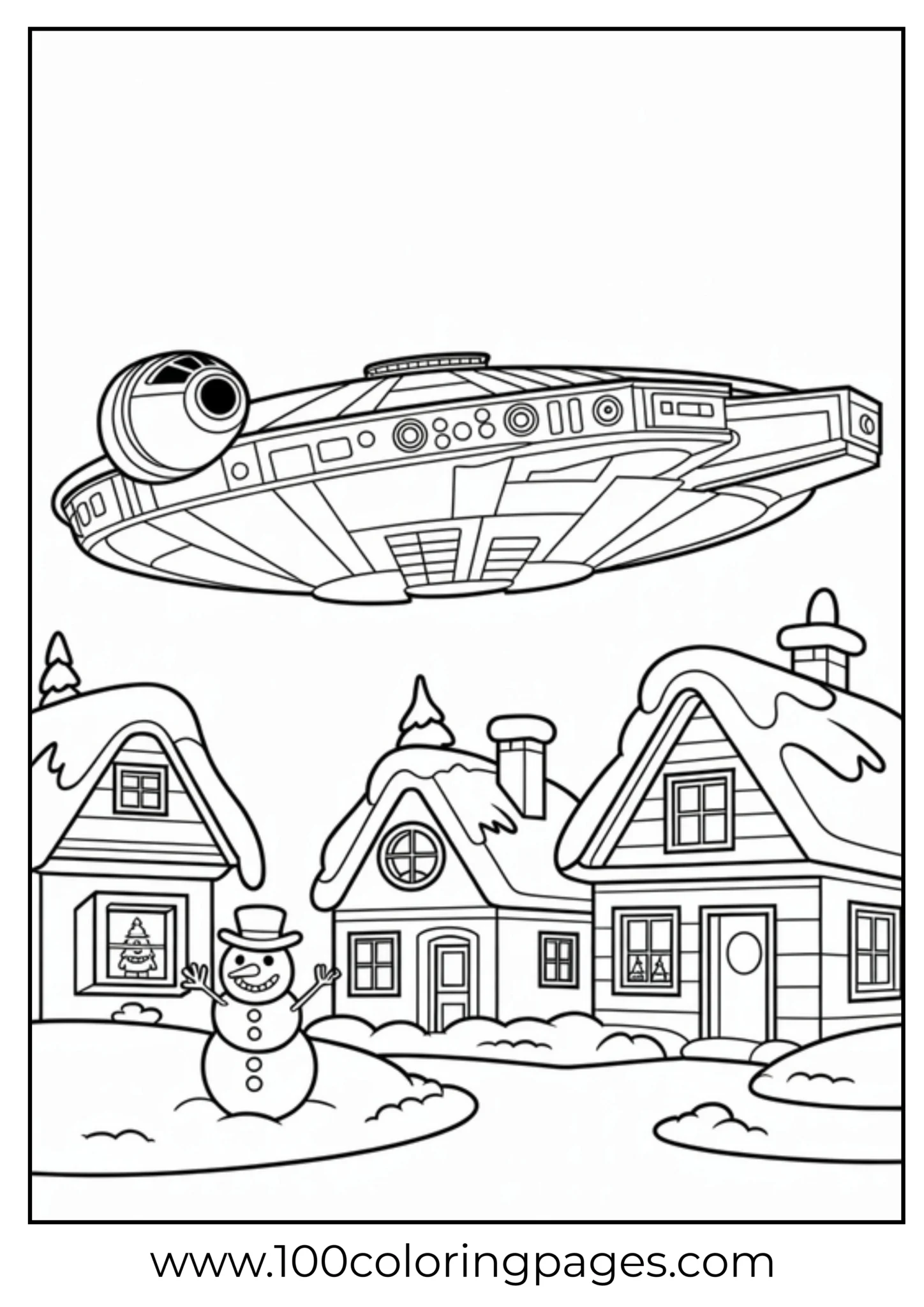 Spaceship flying over a snowy village with a smiling snowman