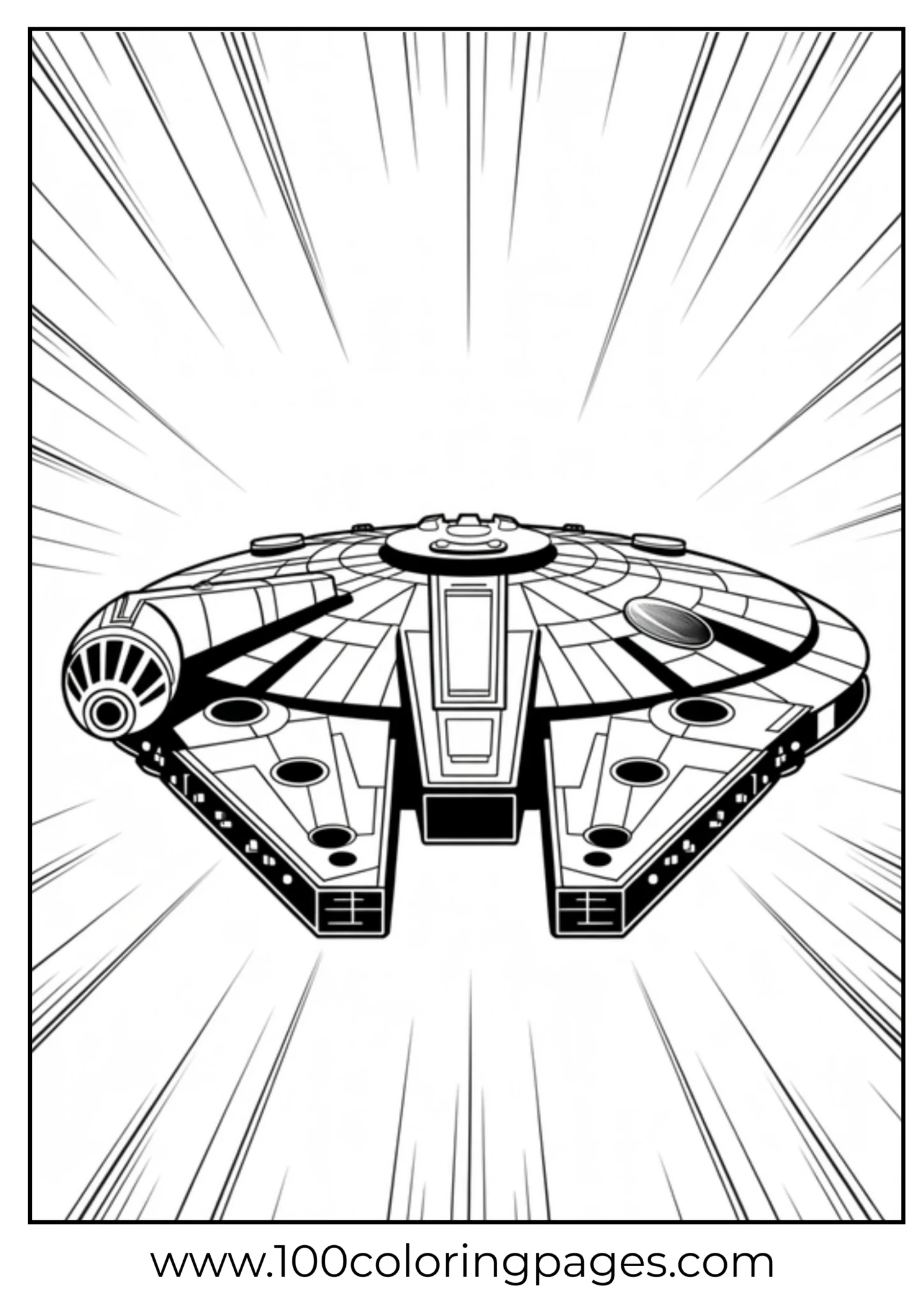 Black and white coloring page of a spaceship in motion