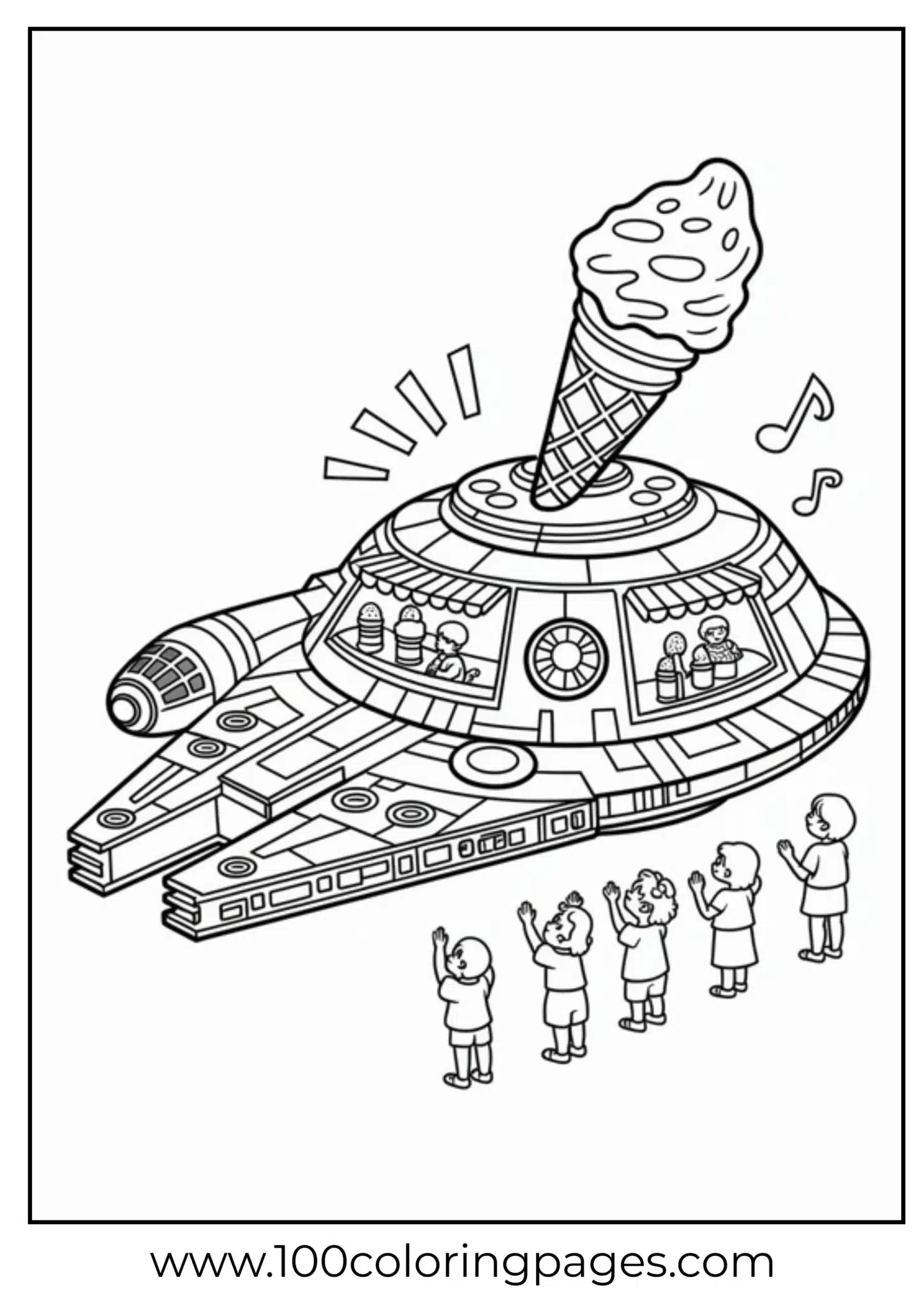 Spaceship topped with a giant ice cream cone and children looking up