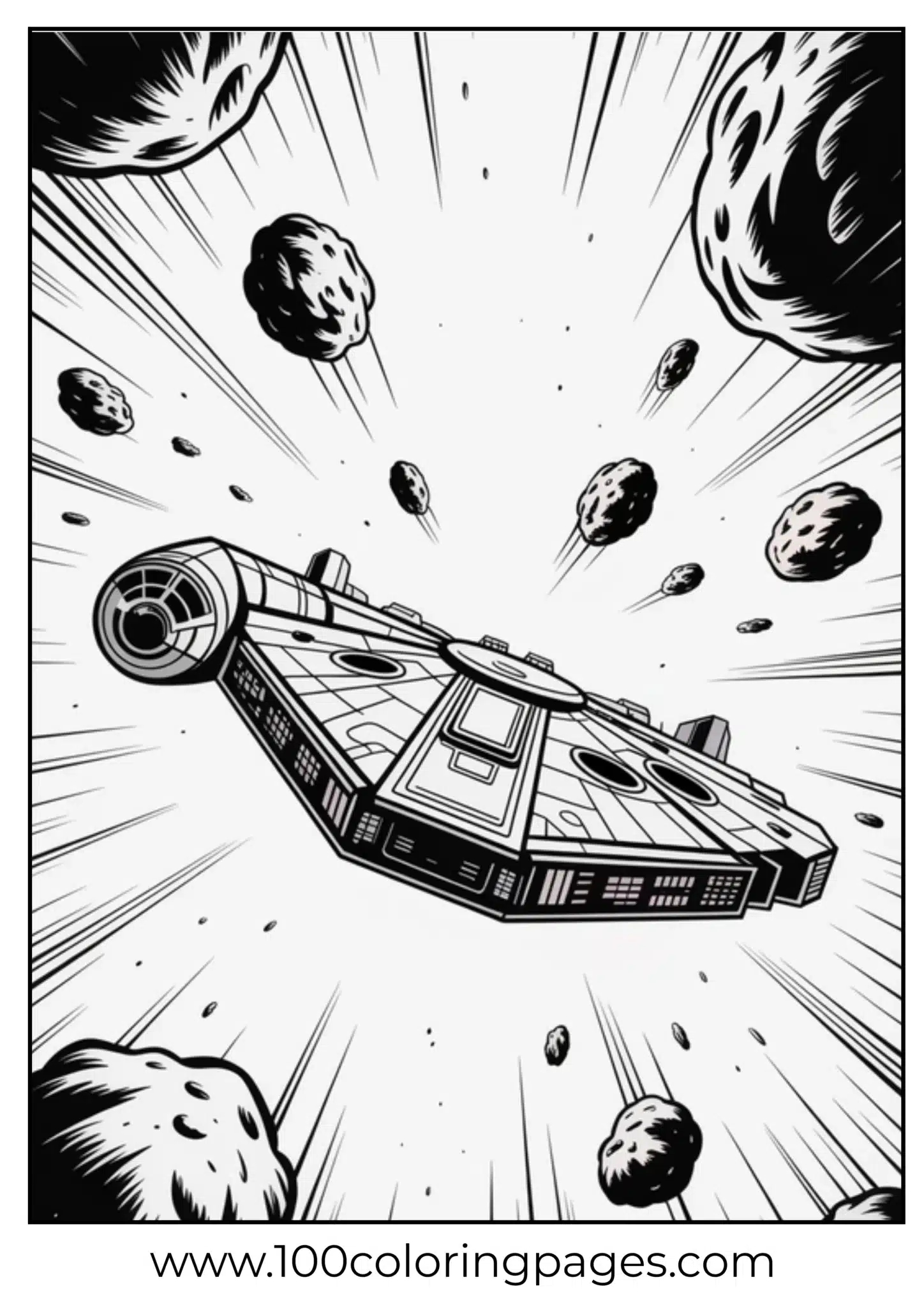 Spaceship navigating an asteroid belt in high-speed action