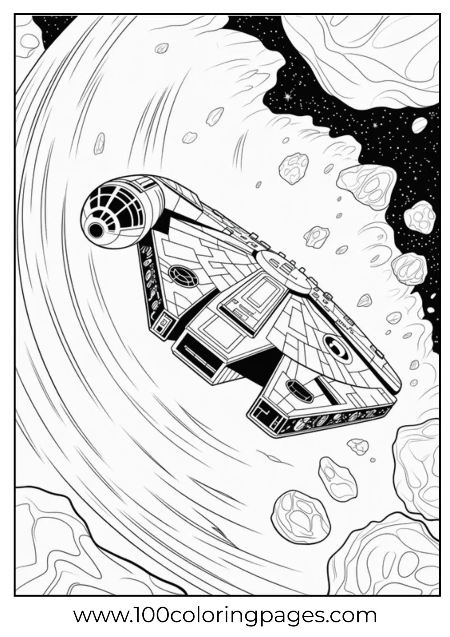 Spaceship flying past asteroids in space coloring page