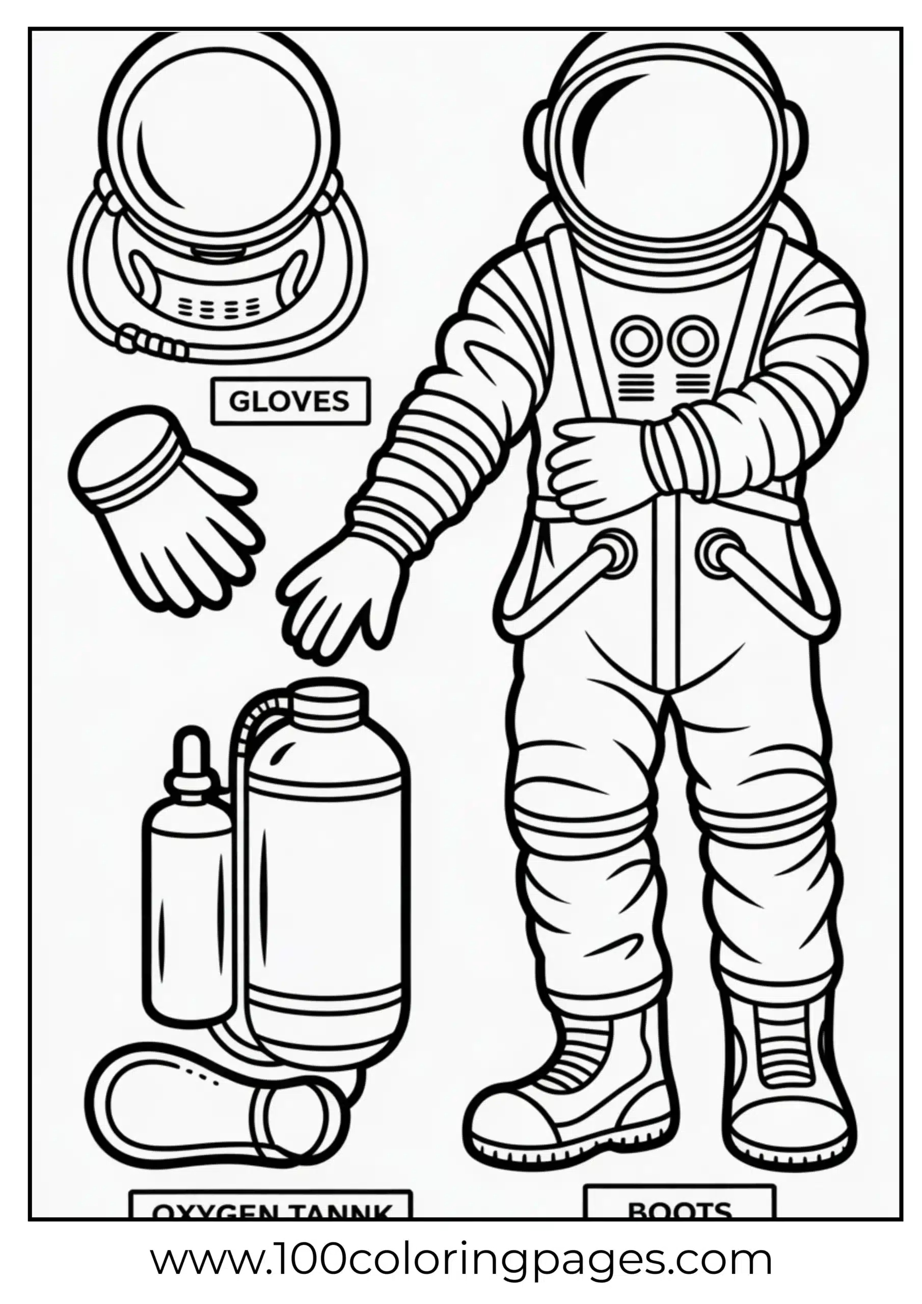 Astronaut suit parts labeled coloring page