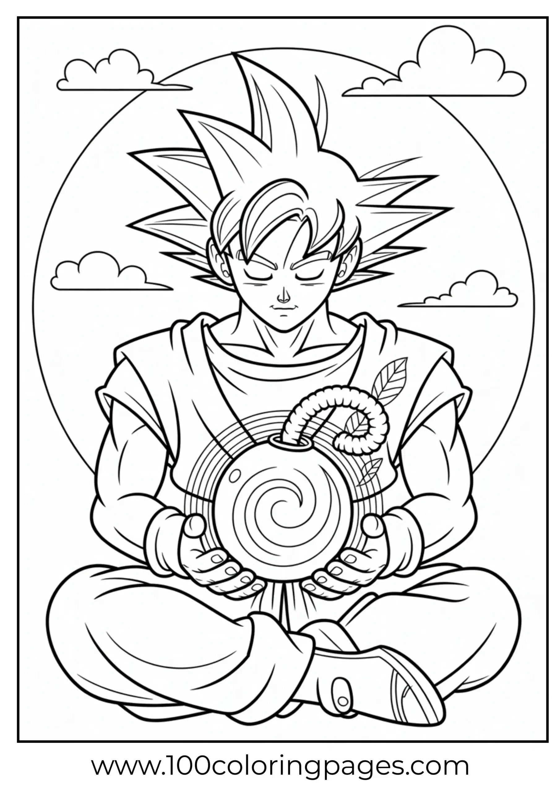 Goku meditating holding energy core coloring page
