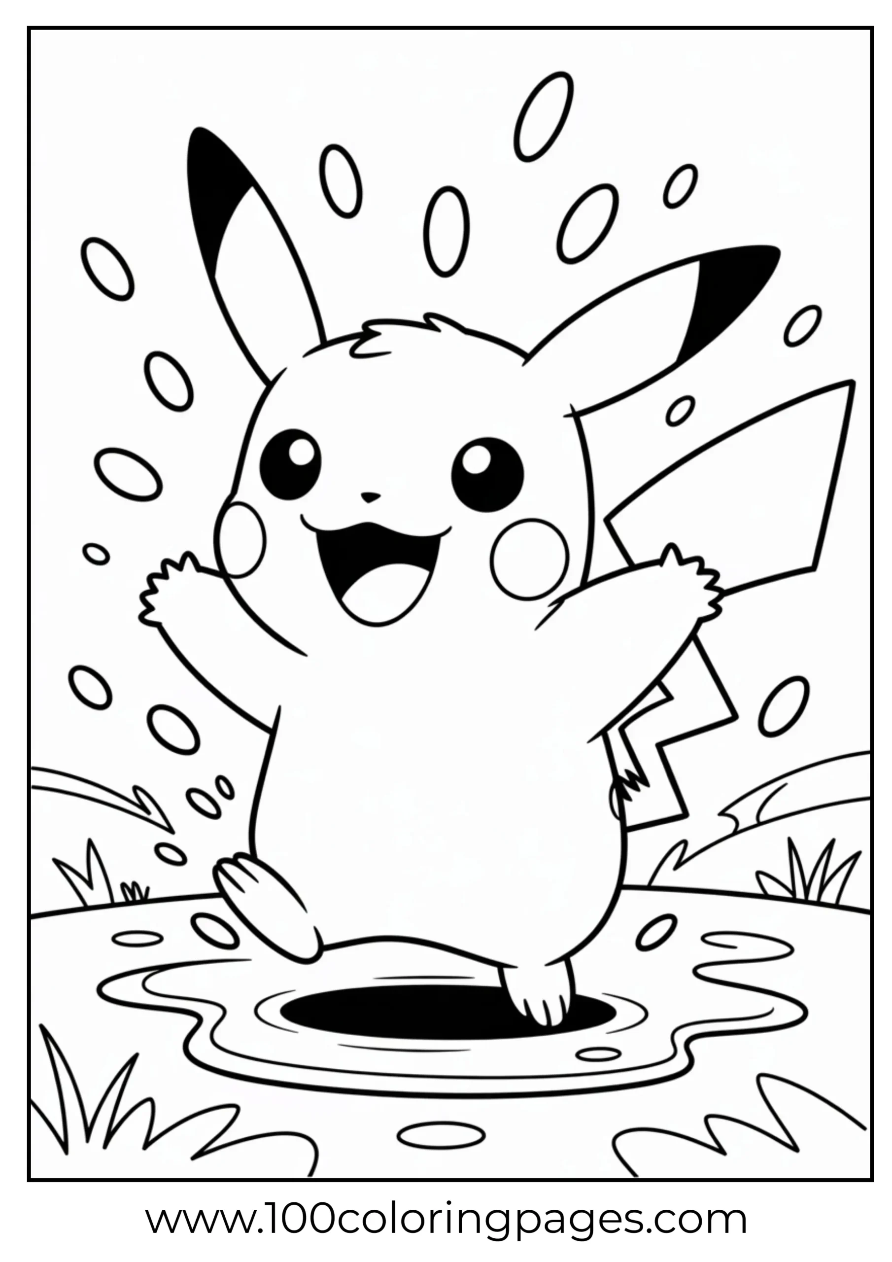 Pikachu jumping in puddle under rain