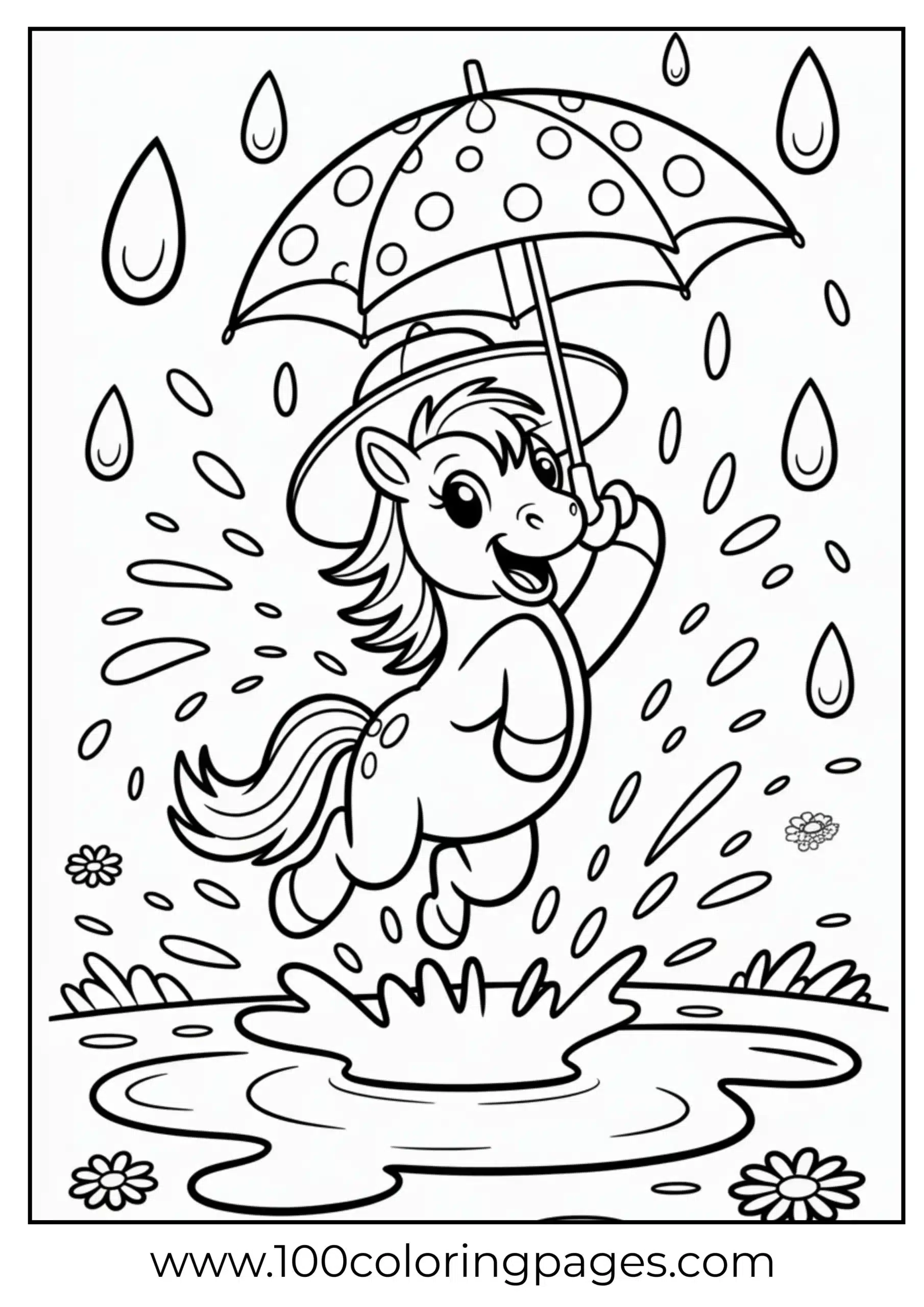 Pony with umbrella jumping in puddle
