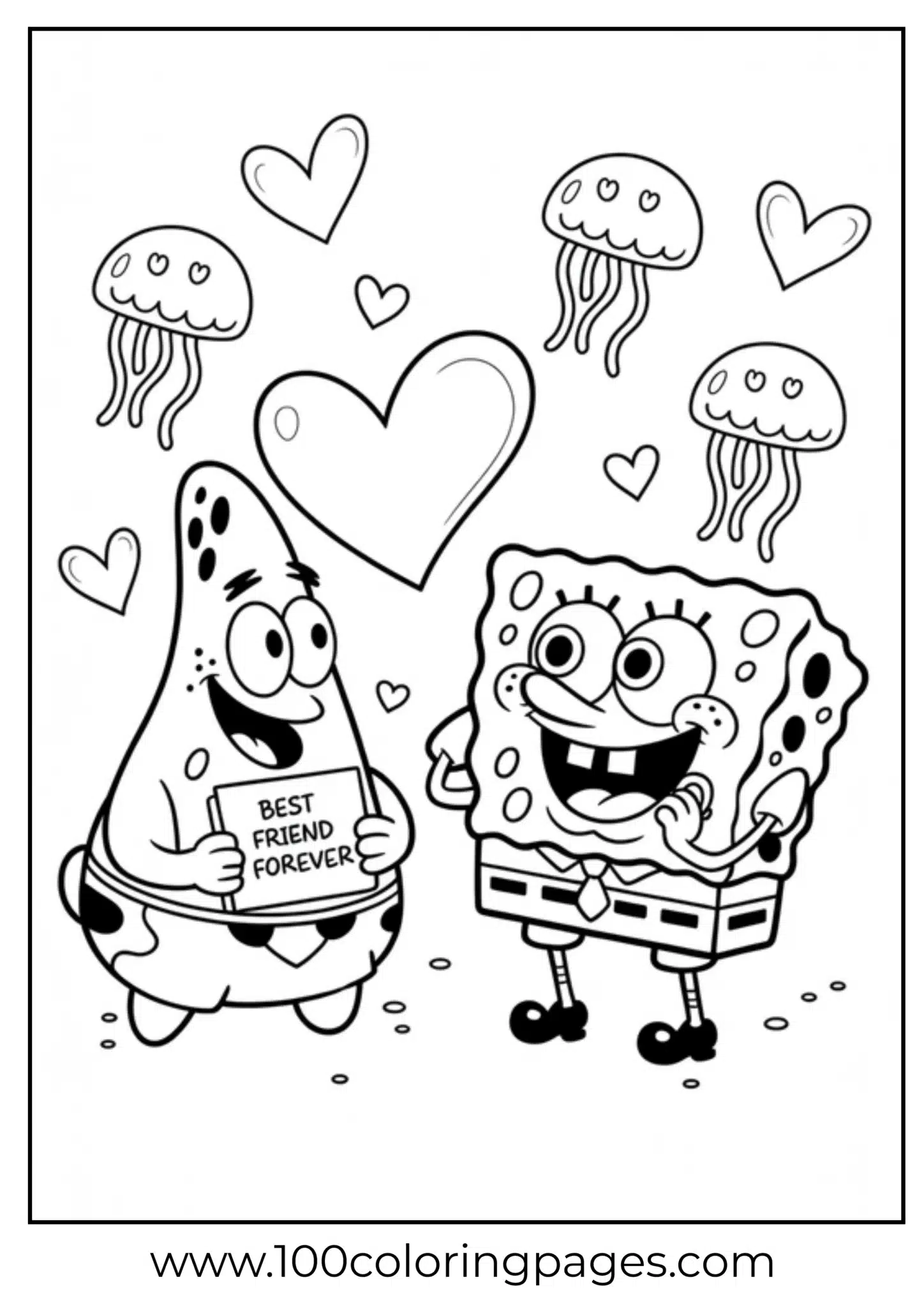 SpongeBob and Patrick smile with hearts and jellyfish around