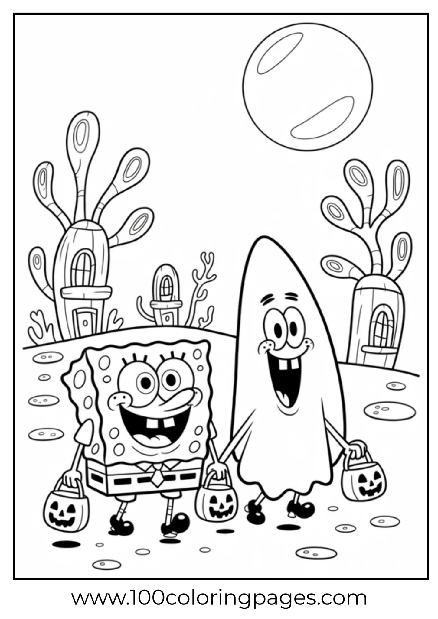 SpongeBob and Patrick trick-or-treating under a large moon