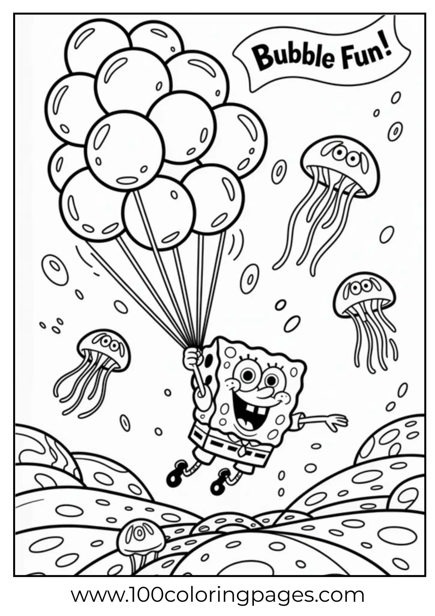 SpongeBob floating with balloons among jellyfish