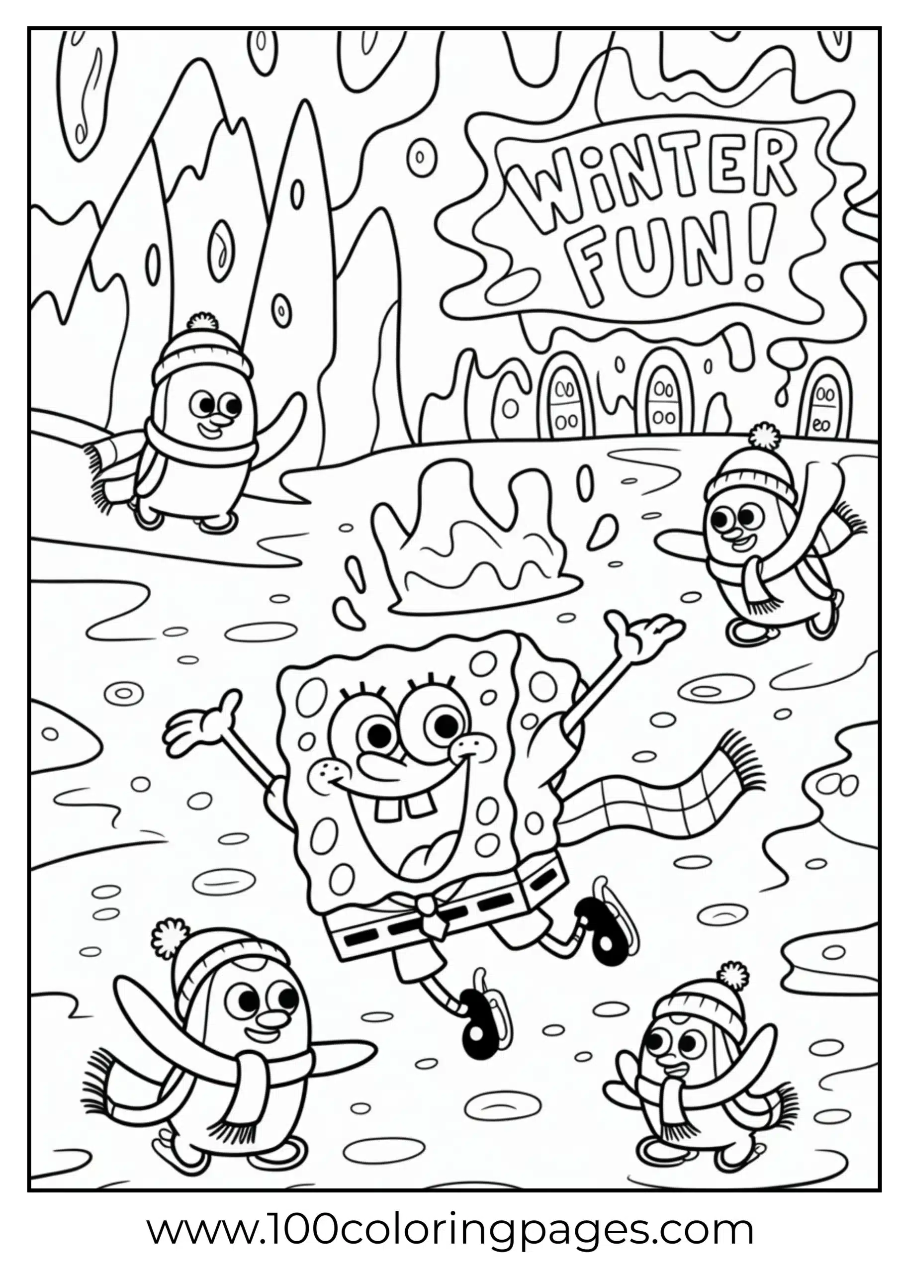 SpongeBob skating on ice with scarf flowing