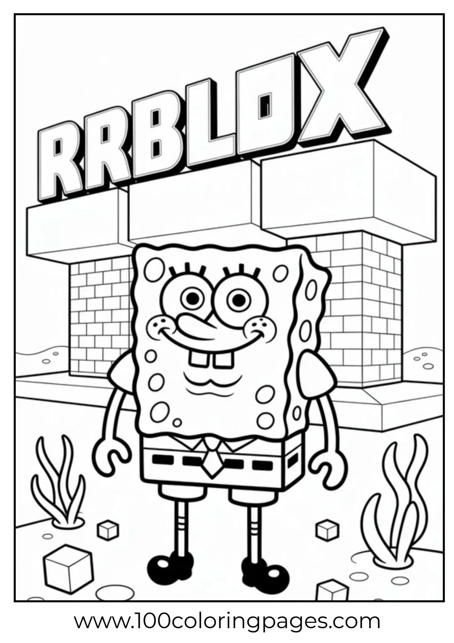 SpongeBob standing in a blocky cityscape with the logo RRBLOX