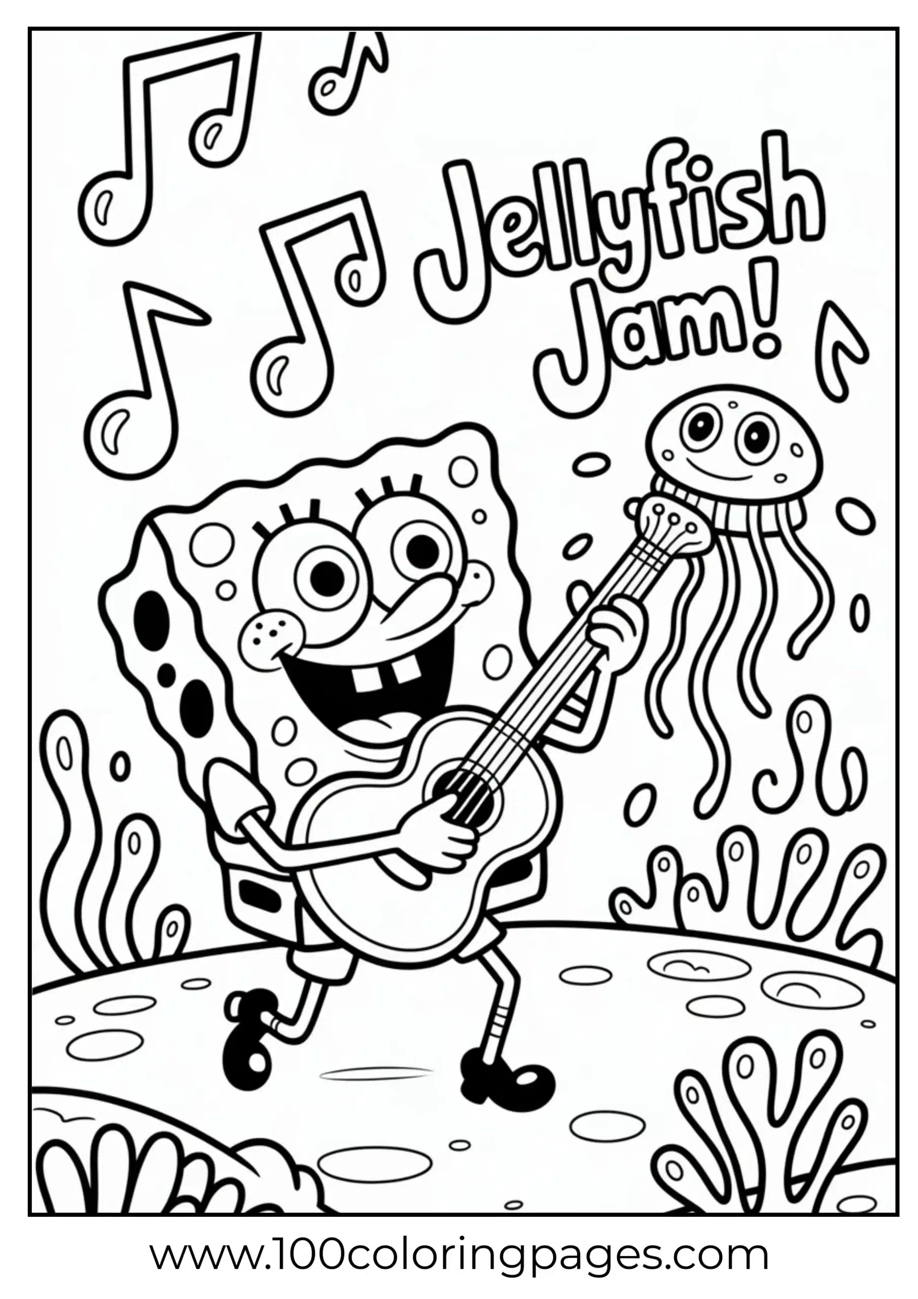SpongeBob playing guitar made from jellyfish as coloring page