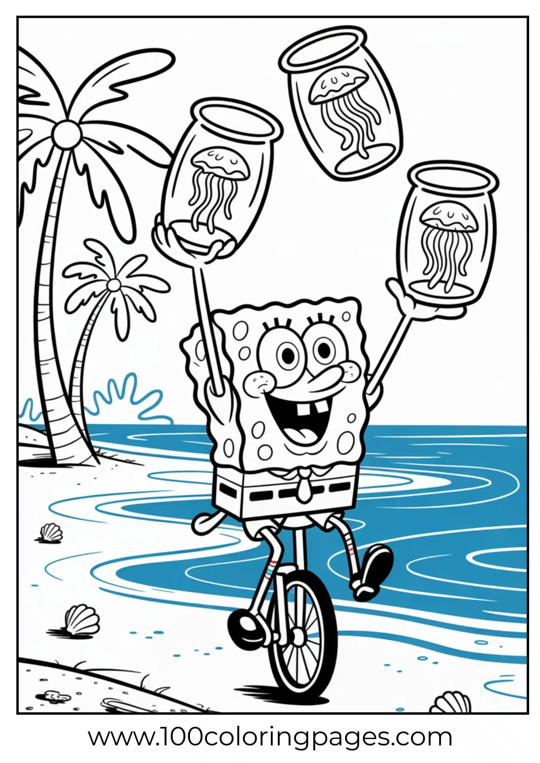 SpongeBob juggling jellyfish jars on unicycle