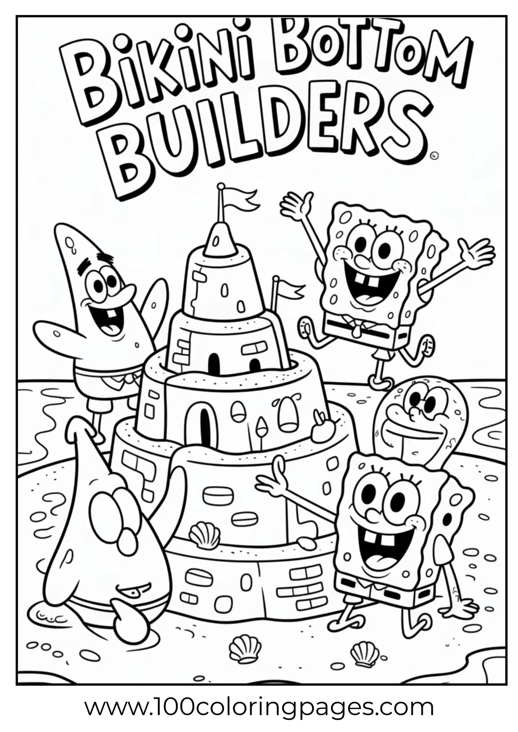 SpongeBob and friends building sandcastle as coloring page