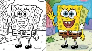 Spongebob coloring pages featuring SpongeBob SquarePants waving outside his pineapple house in Bikini Bottom