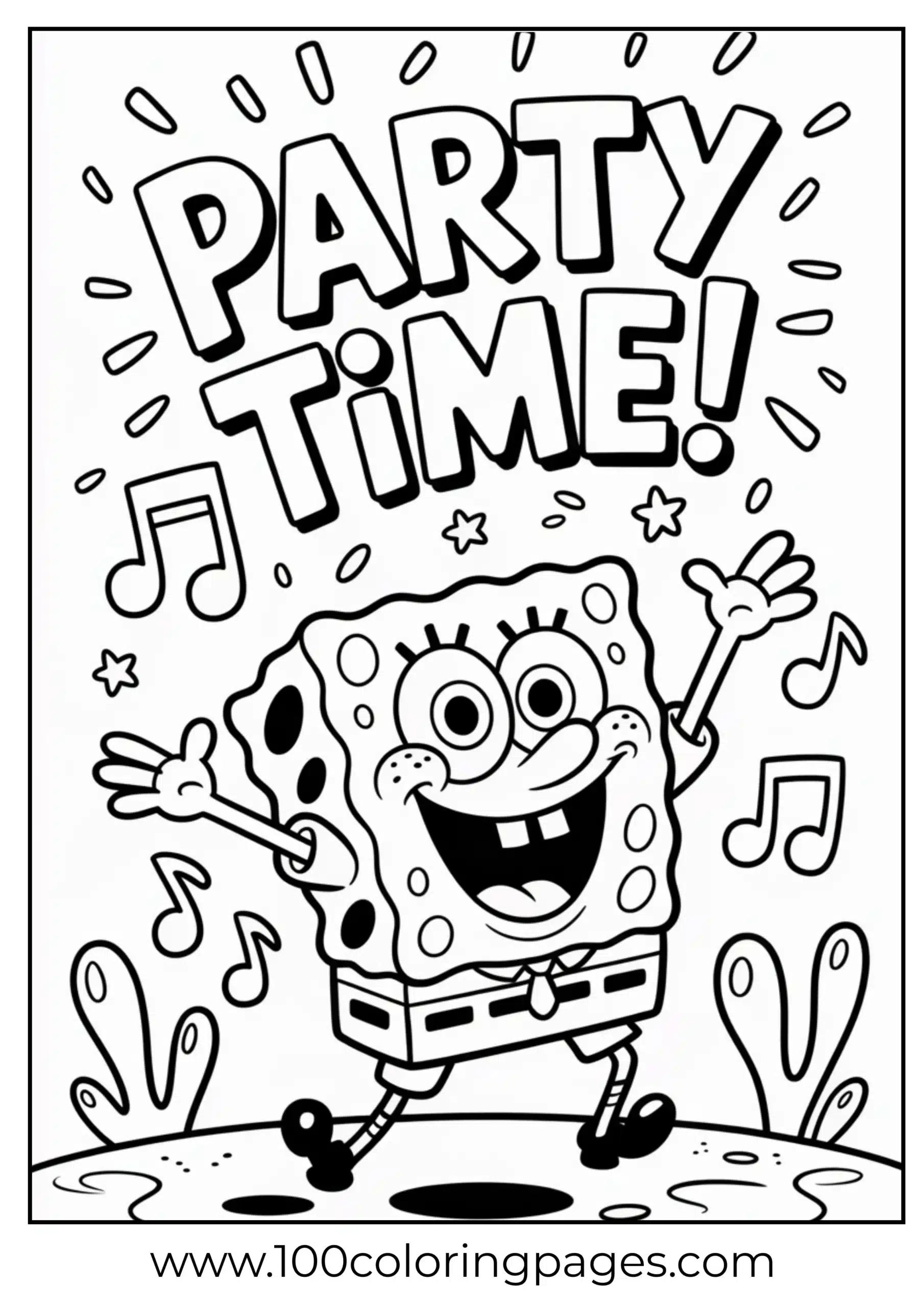 SpongeBob performing jazz hands under a banner as coloring page